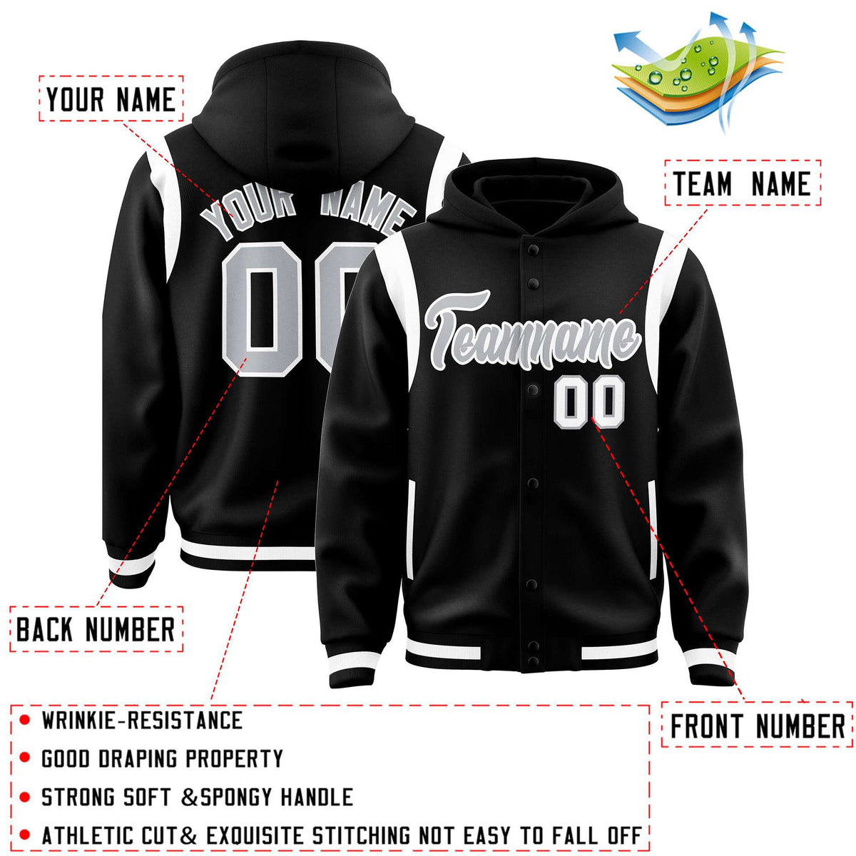 Custom Black Silver Varsity Full-Snap Letterman Shoulder Color Block Jacket Hoodie| KXKSHOP