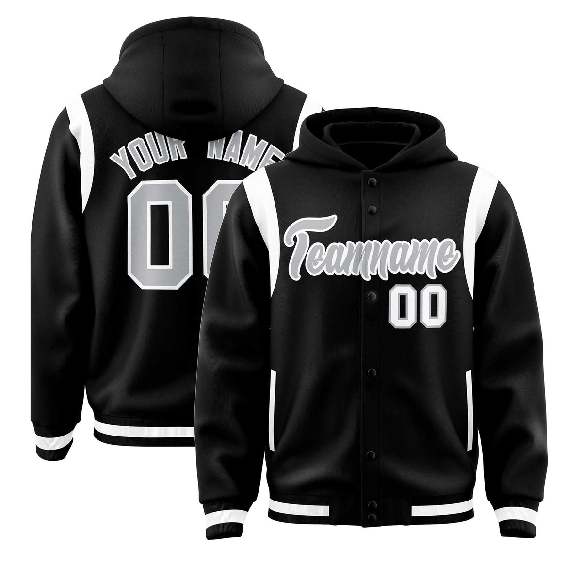 Custom Black Silver Varsity Full-Snap Letterman Shoulder Color Block Jacket Hoodie| KXKSHOP
