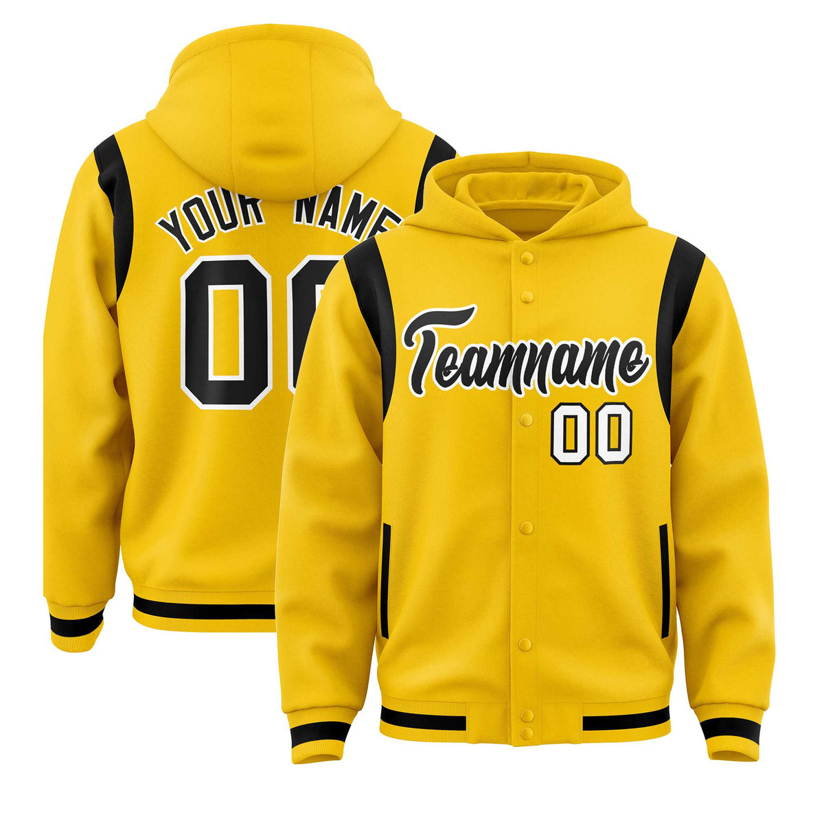 Custom Gold Black Varsity Full-Snap Letterman Shoulder Color Block Jacket Hoodie| KXKSHOP