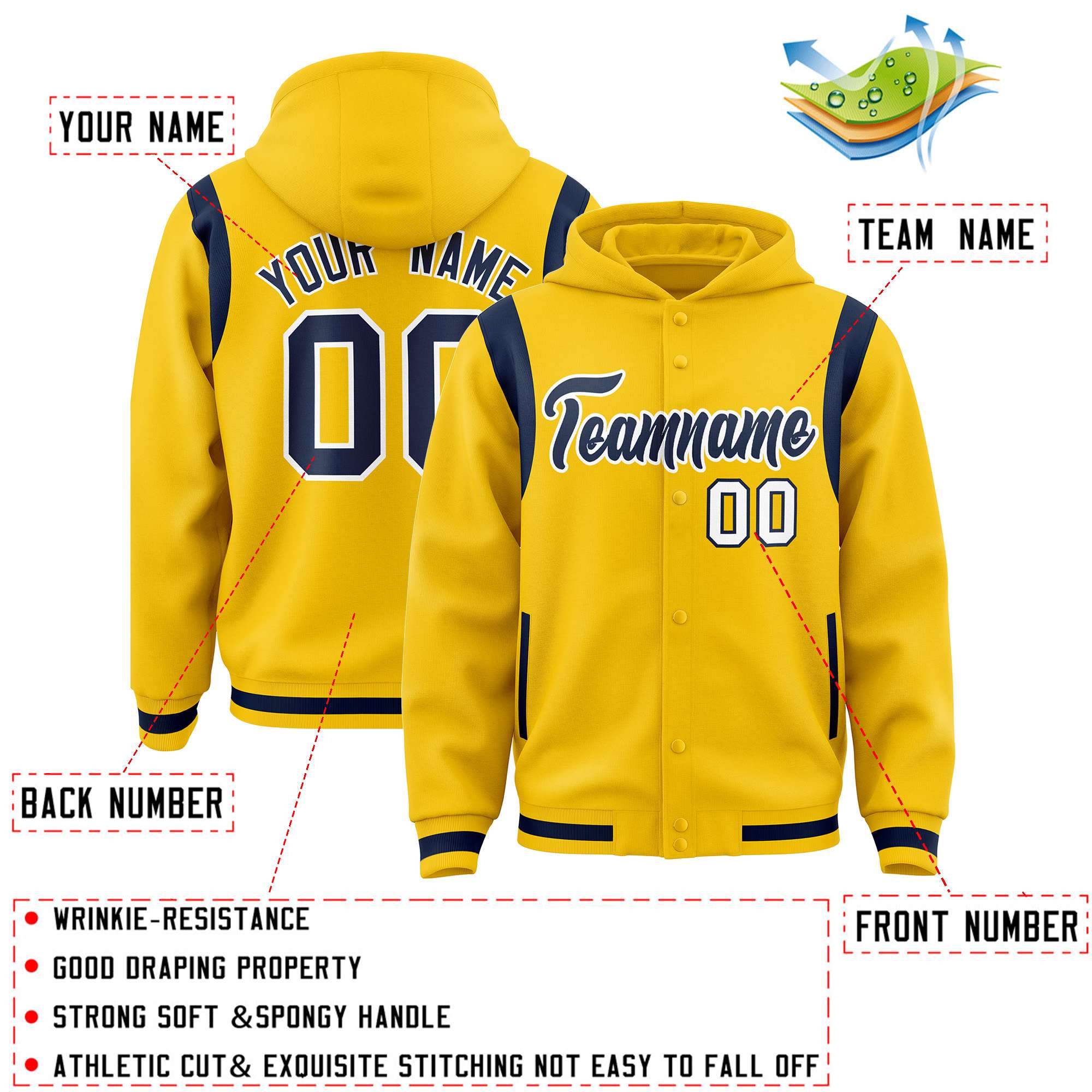 Custom Gold Navy Varsity Full-Snap Letterman Shoulder Color Block Jacket Hoodie| KXKSHOP