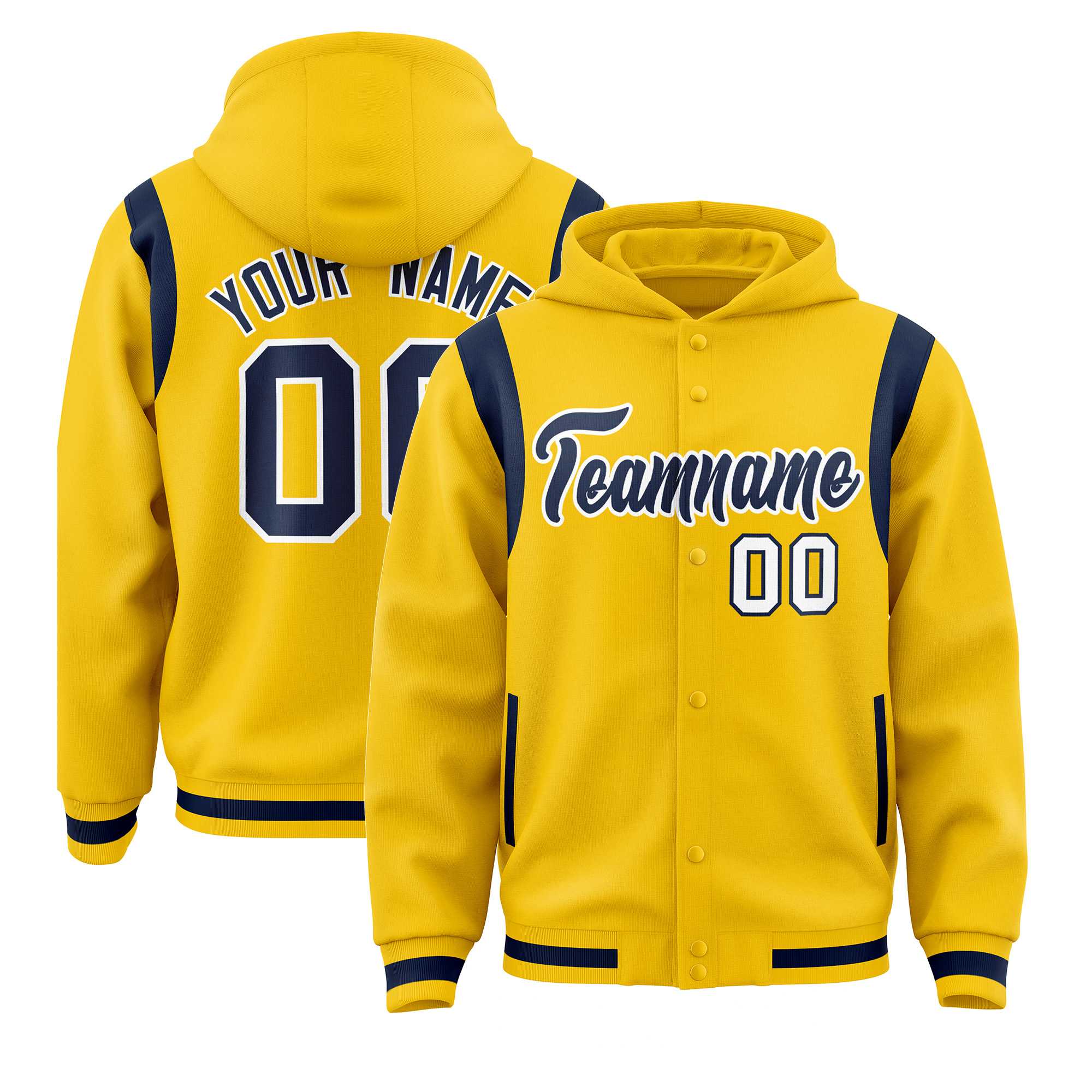 Custom Gold Navy Varsity Full-Snap Letterman Shoulder Color Block Jacket Hoodie| KXKSHOP