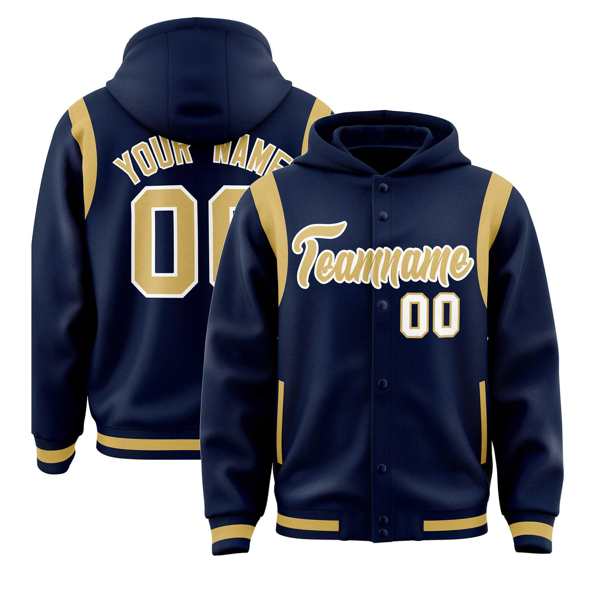 Custom Navy Old Gold Varsity Full-Snap Letterman Shoulder Color Block Jacket Hoodie| KXKSHOP