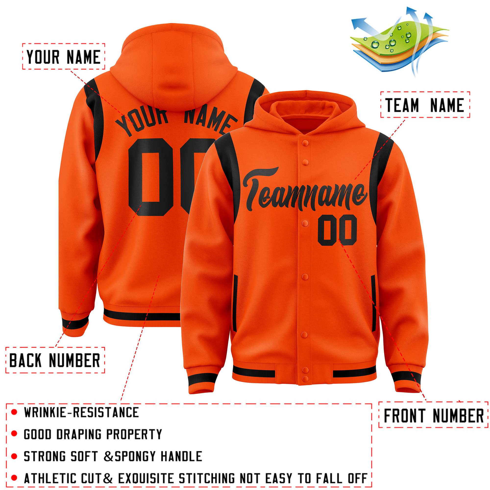Custom Orange Black Varsity Full-Snap Letterman Shoulder Color Block Jacket Hoodie| KXKSHOP