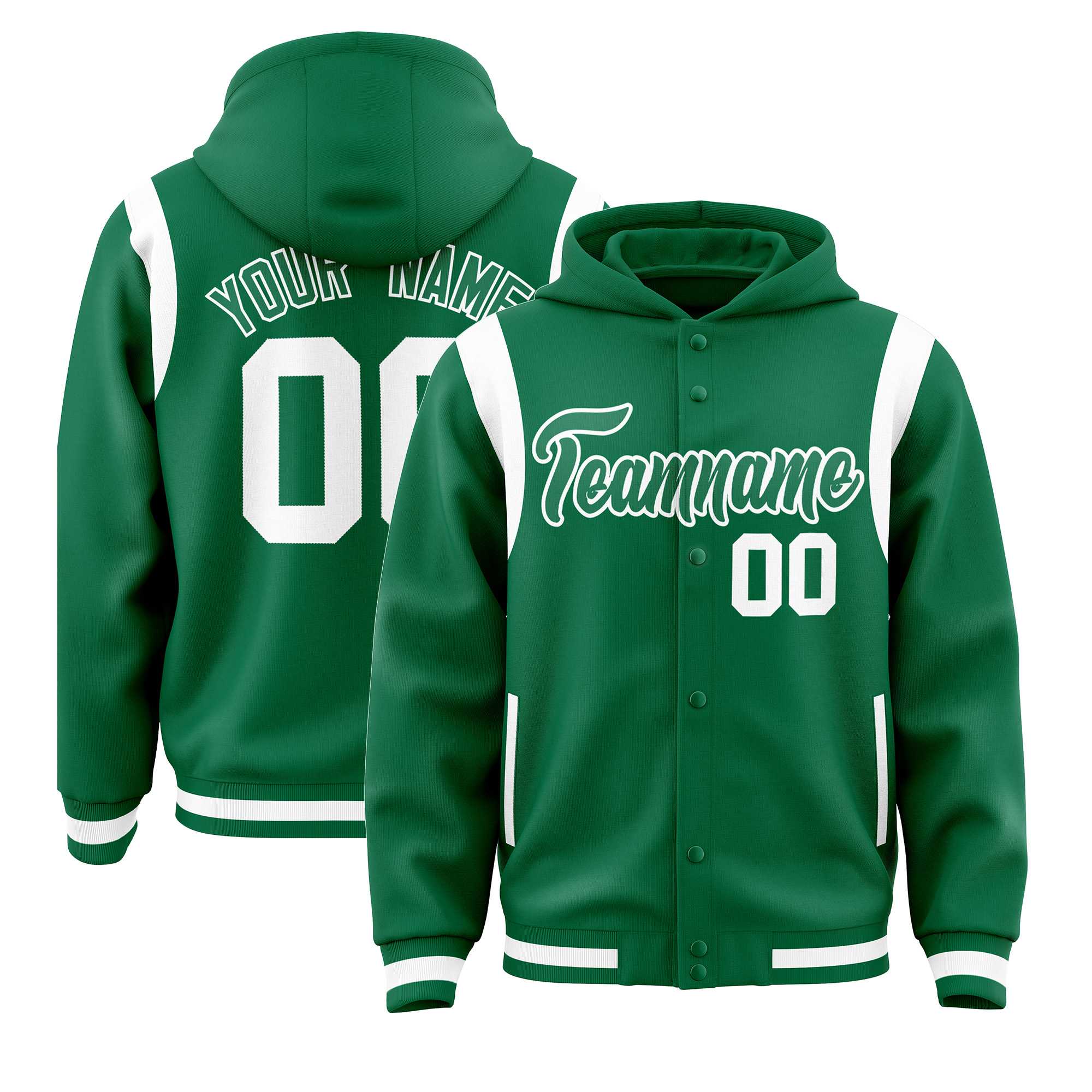 Custom Kelly Green Kelly Green Varsity Full-Snap Letterman Shoulder Color Block Jacket Hoodie| KXKSHOP