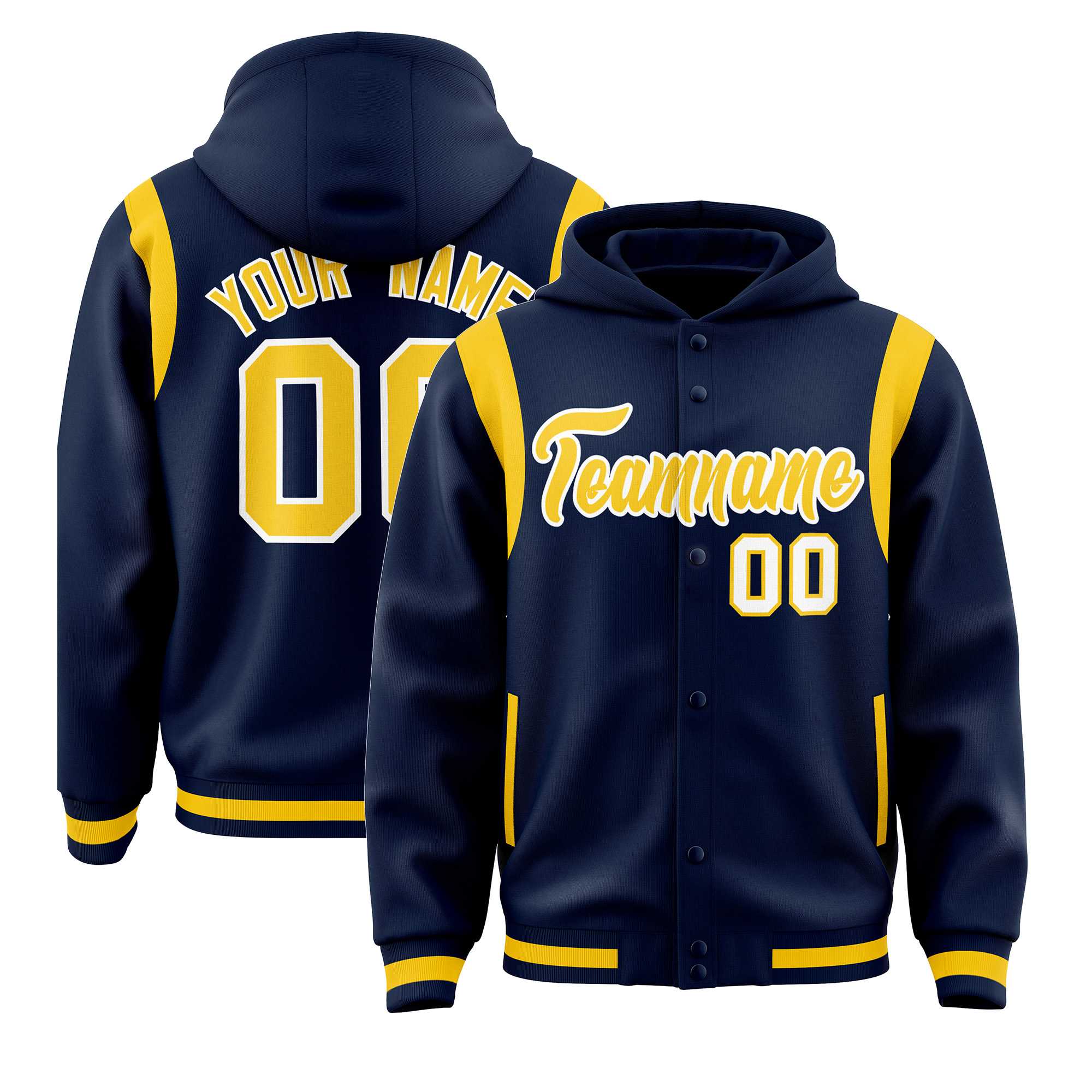 Custom Navy Gold Varsity Full-Snap Letterman Shoulder Color Block Jacket Hoodie| KXKSHOP