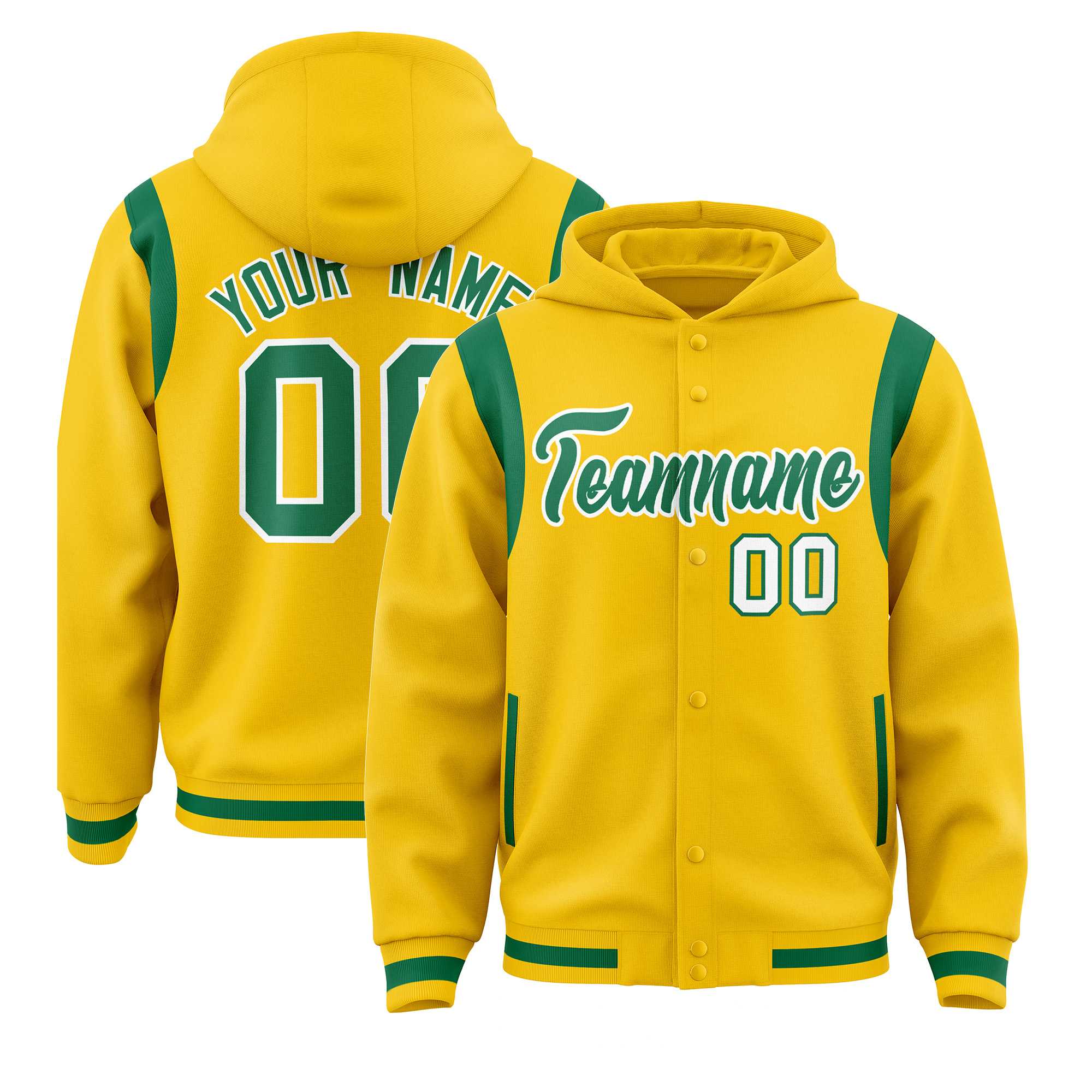 Custom Gold Kelly Green Varsity Full-Snap Letterman Shoulder Color Block Jacket Hoodie| KXKSHOP