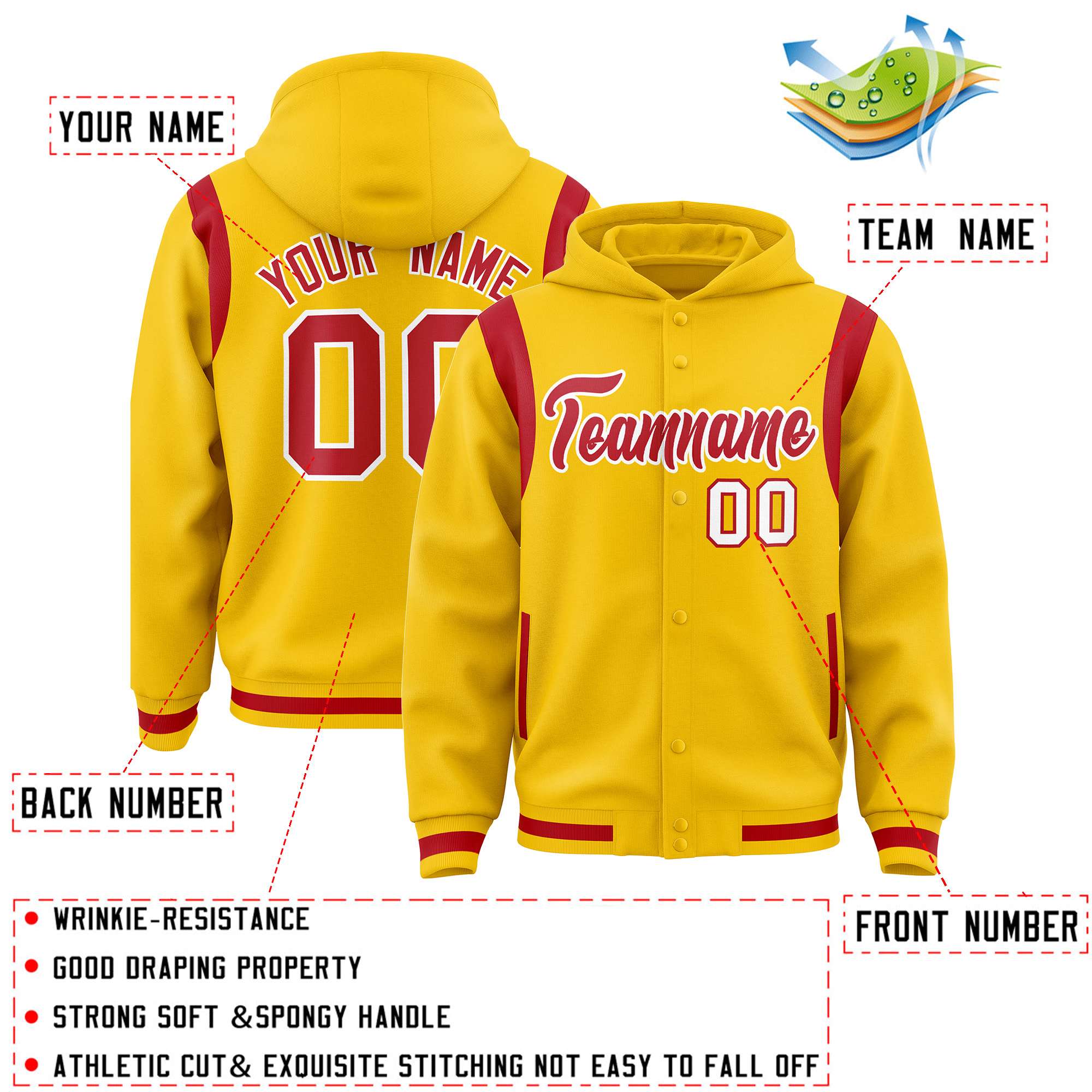 Custom Gold Red Varsity Full-Snap Letterman Shoulder Color Block Jacket Hoodie| KXKSHOP
