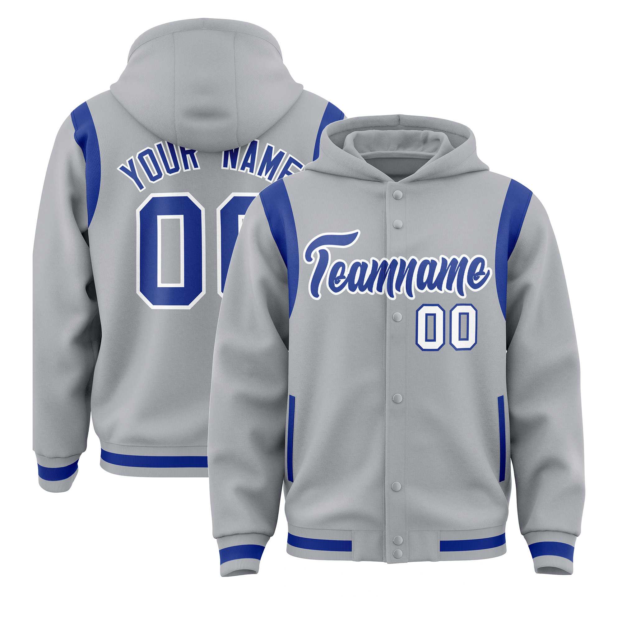 Custom Silver Royal Varsity Full-Snap Letterman Shoulder Color Block Jacket Hoodie| KXKSHOP