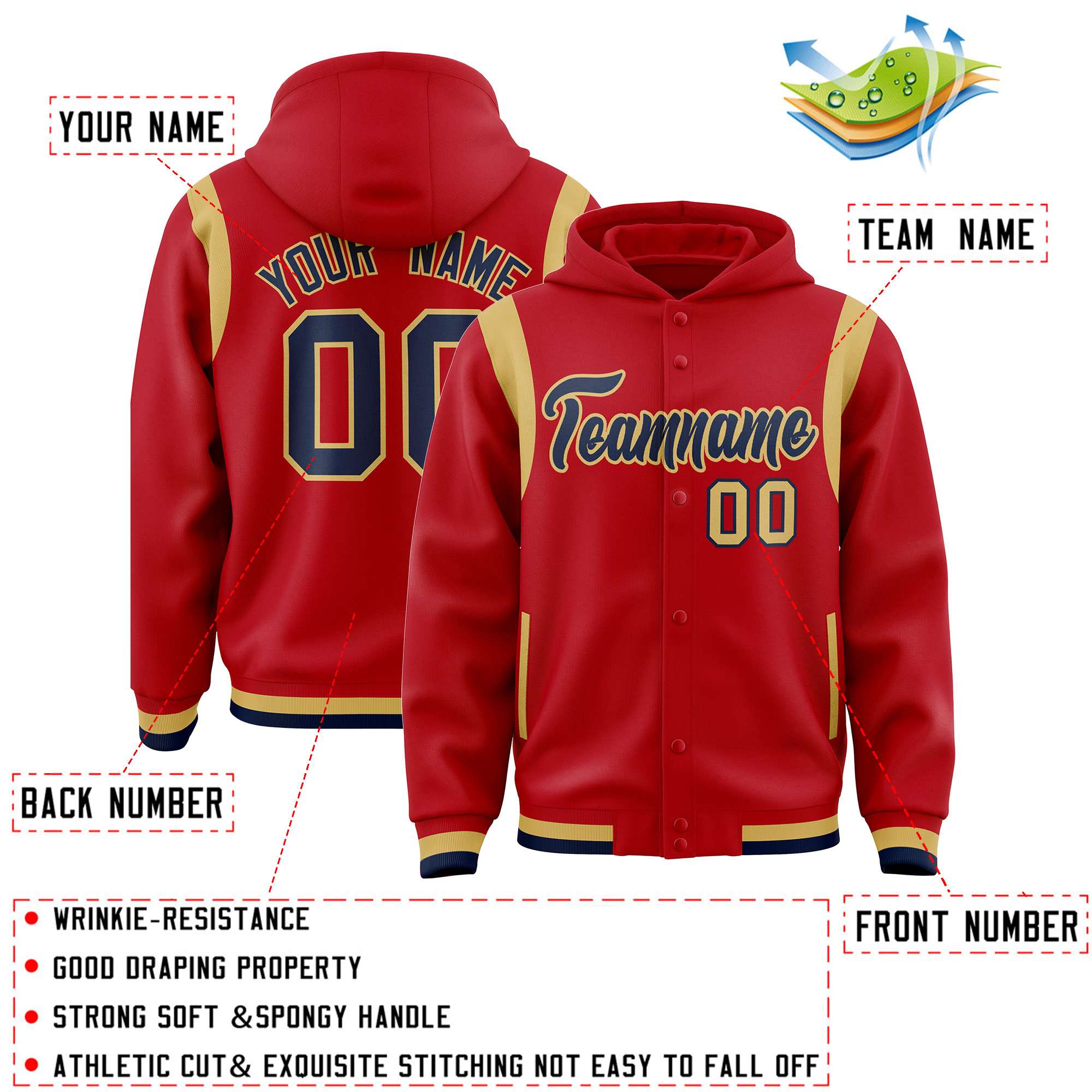 Custom Red Navy Varsity Full-Snap Letterman Shoulder Color Block Jacket Hoodie| KXKSHOP