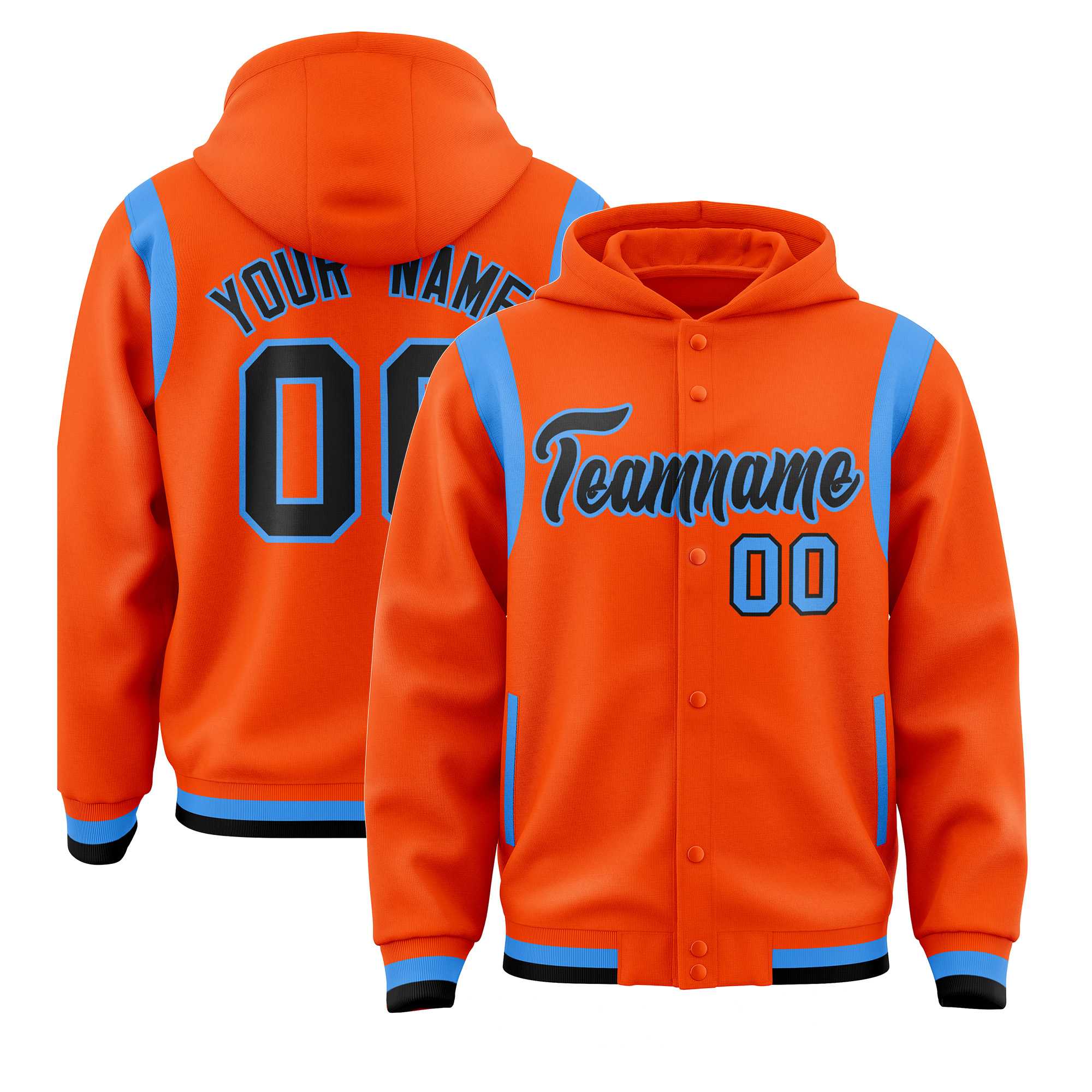 Custom Orange Black Varsity Full-Snap Letterman Shoulder Color Block Jacket Hoodie| KXKSHOP