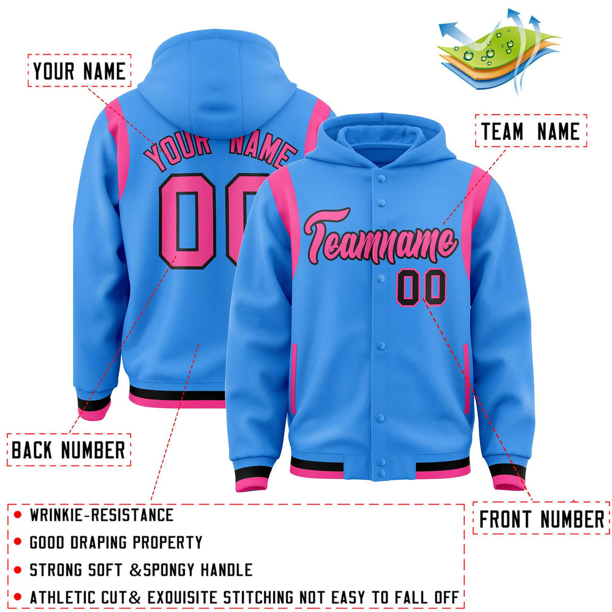Custom Powder Blue Pink Varsity Full-Snap Letterman Shoulder Color Block Jacket Hoodie| KXKSHOP