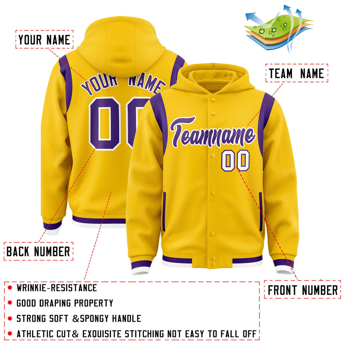 Custom Gold Purple Varsity Full-Snap Letterman Shoulder Color Block Jacket Hoodie| KXKSHOP