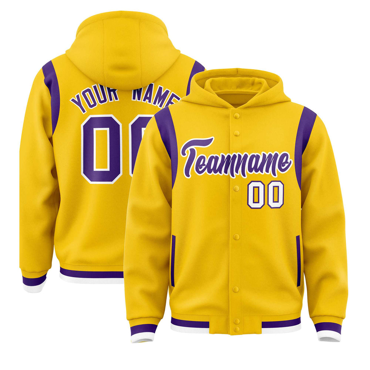 Custom Gold Purple Varsity Full-Snap Letterman Shoulder Color Block Jacket Hoodie| KXKSHOP