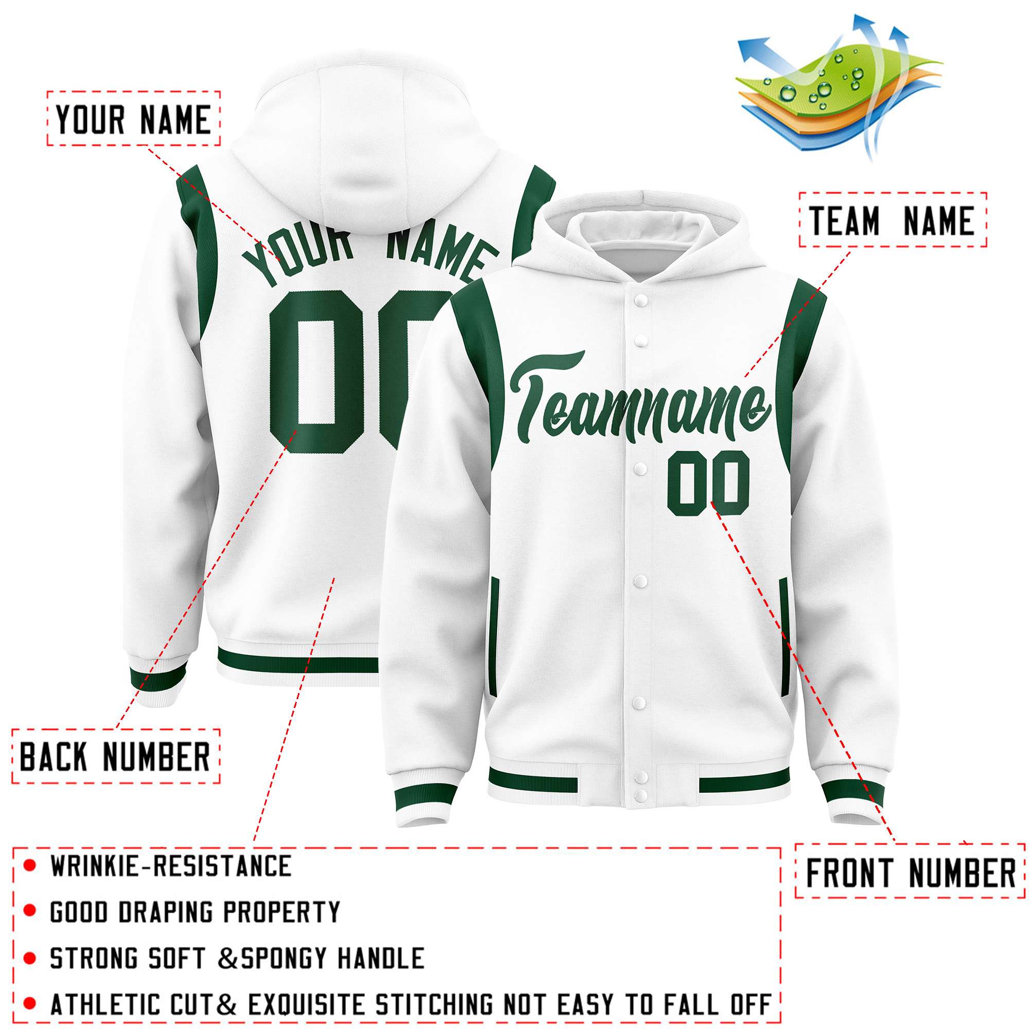 Custom White Green Varsity Full-Snap Letterman Shoulder Color Block Jacket Hoodie| KXKSHOP