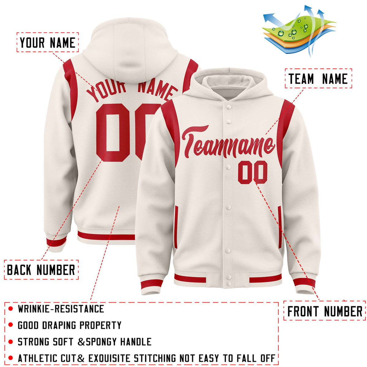 Custom Cream Red Varsity Full-Snap Letterman Shoulder Color Block Jacket Hoodie| KXKSHOP