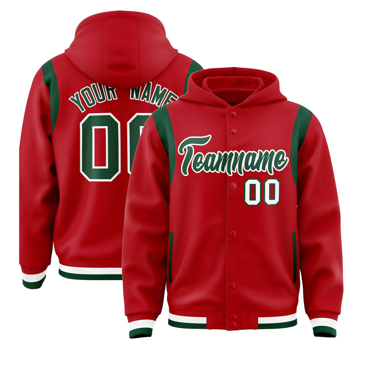 Custom Red Green Varsity Full-Snap Letterman Shoulder Color Block Jacket Hoodie| KXKSHOP