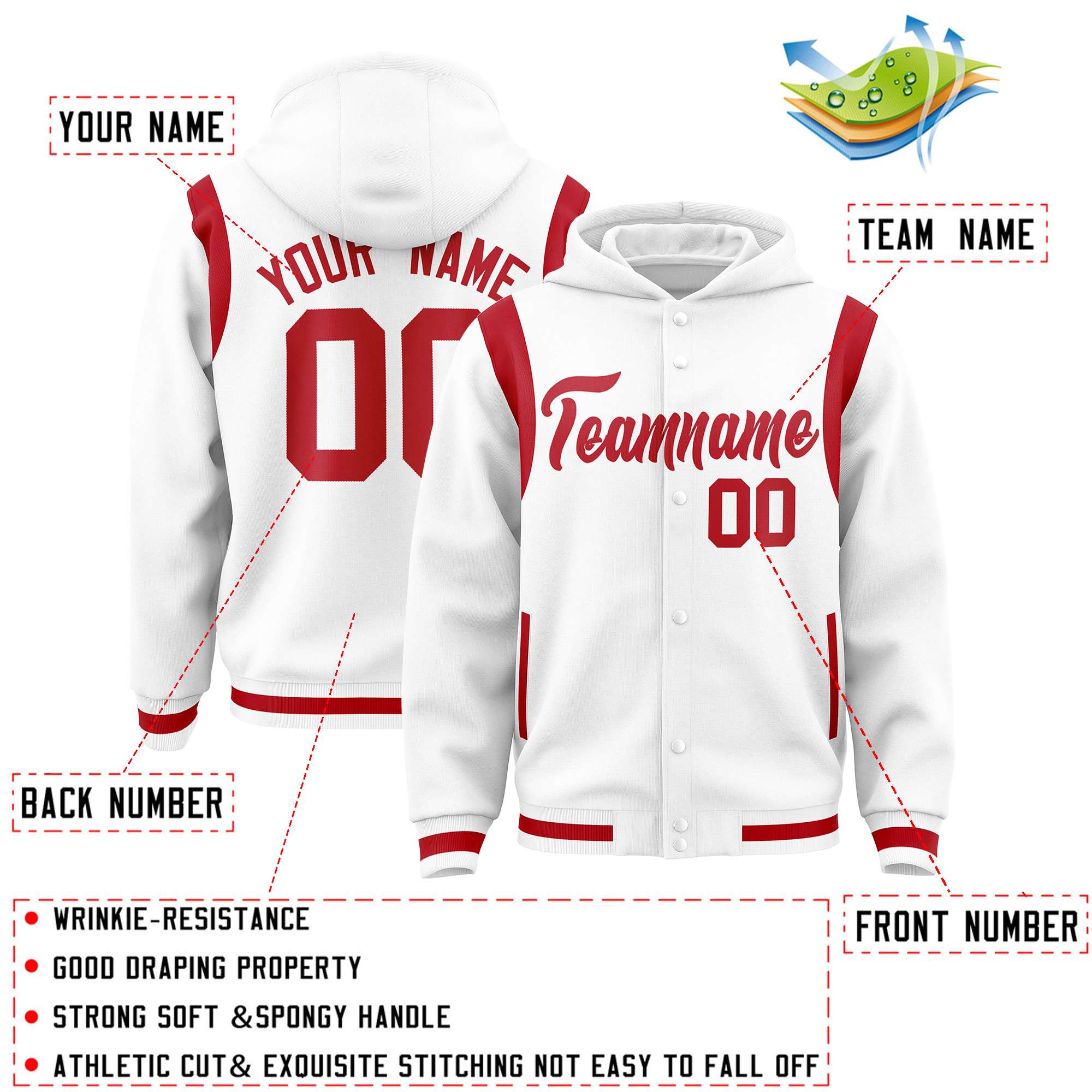 Custom White Red Varsity Full-Snap Letterman Shoulder Color Block Jacket Hoodie| KXKSHOP