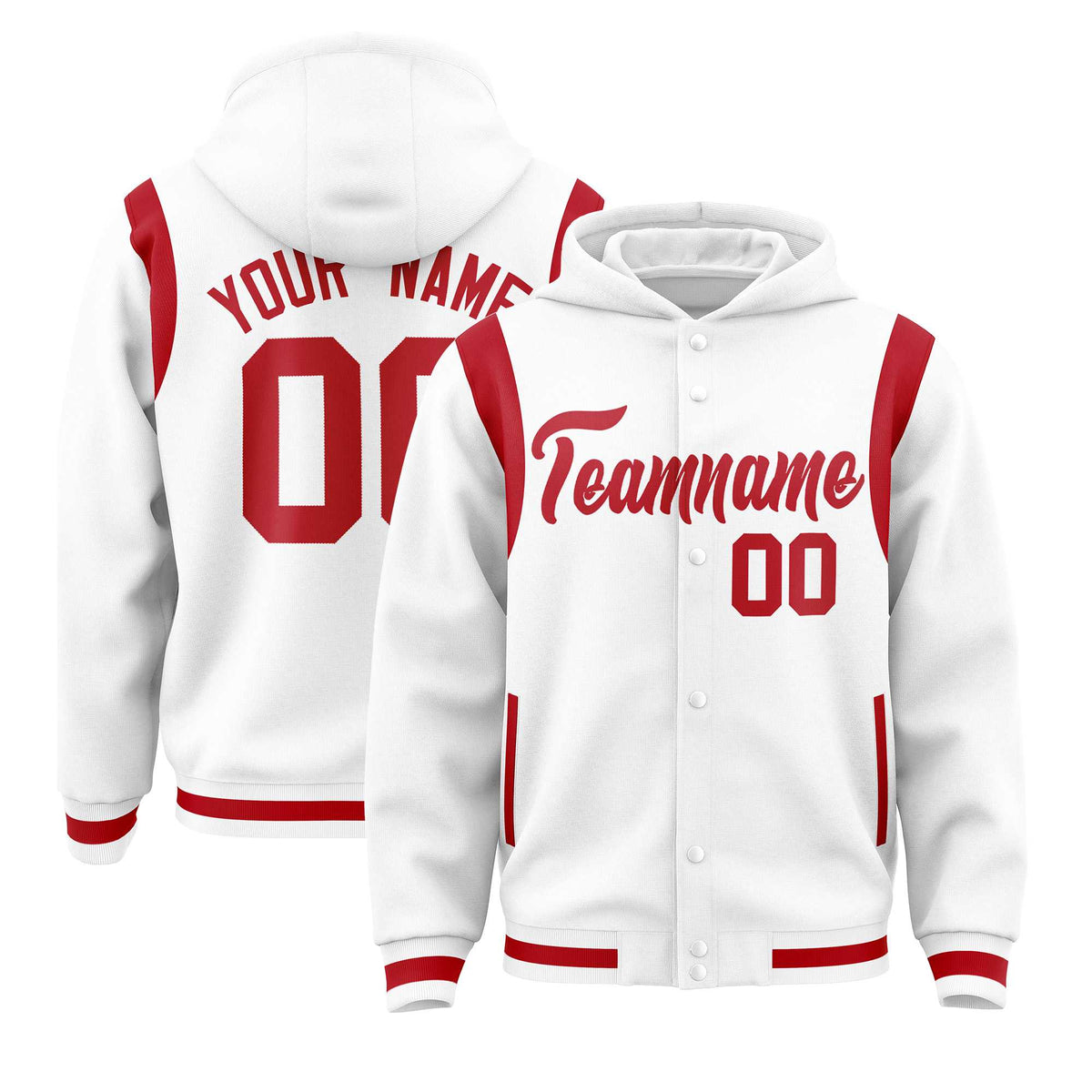 Custom White Red Varsity Full-Snap Letterman Shoulder Color Block Jacket Hoodie| KXKSHOP
