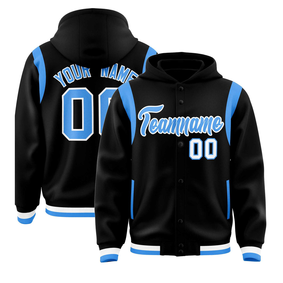 Custom Black Powder Blue Varsity Full-Snap Letterman Shoulder Color Block Jacket Hoodie| KXKSHOP