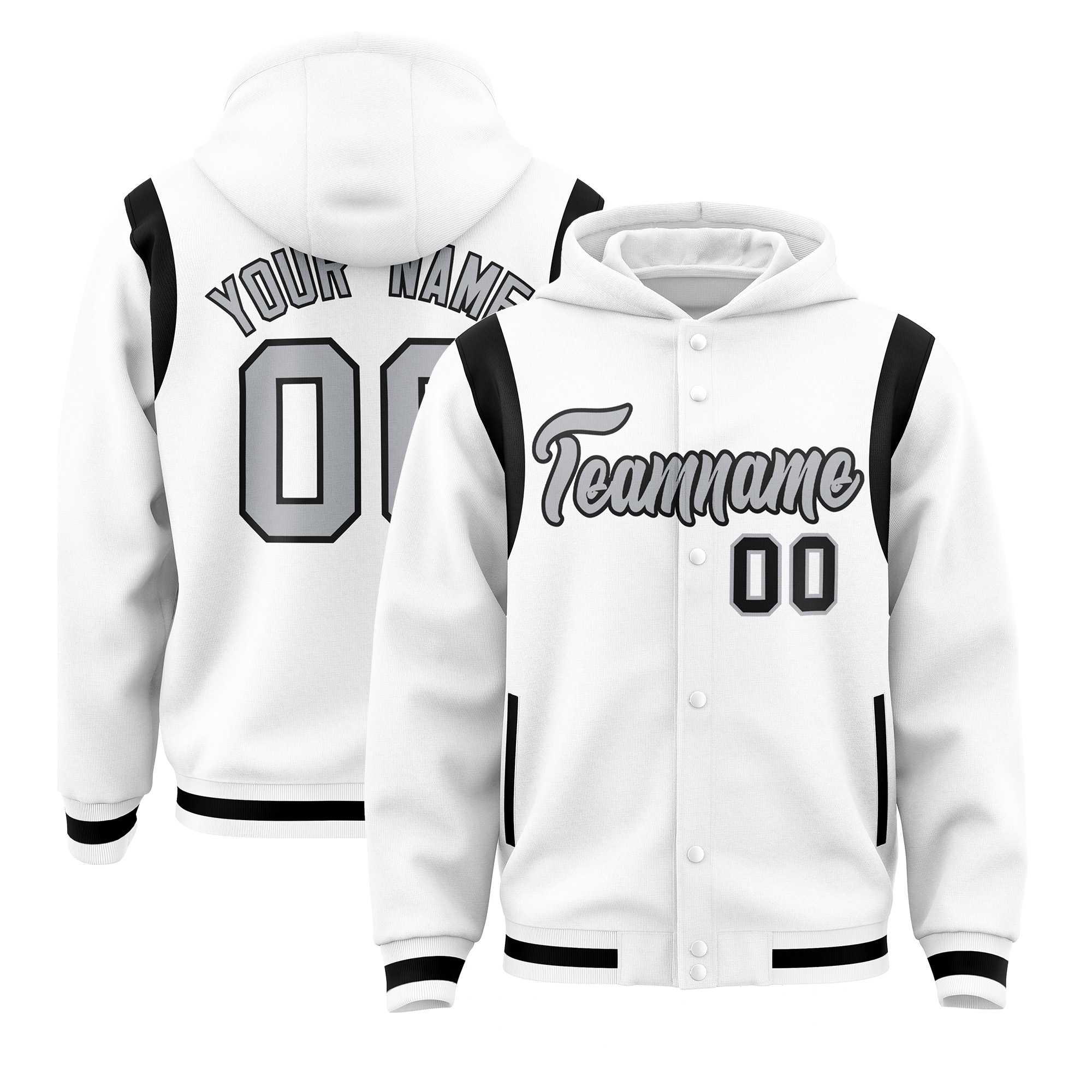 Custom White Silver Varsity Full-Snap Letterman Shoulder Color Block Jacket Hoodie| KXKSHOP