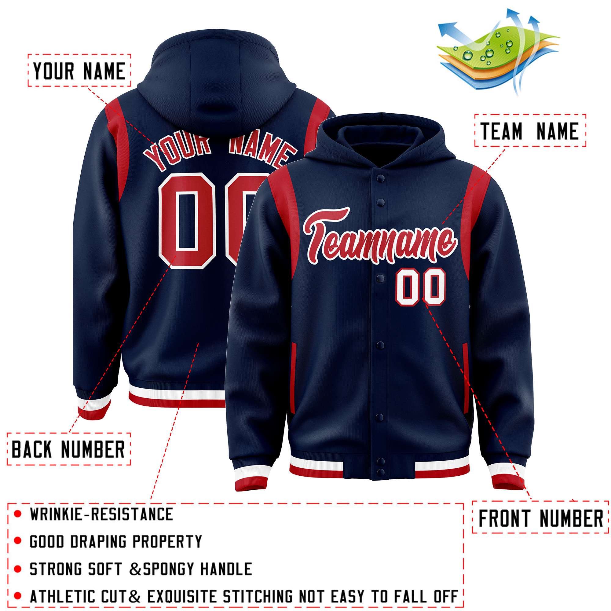 Custom Navy Red Varsity Full-Snap Letterman Shoulder Color Block Jacket Hoodie| KXKSHOP