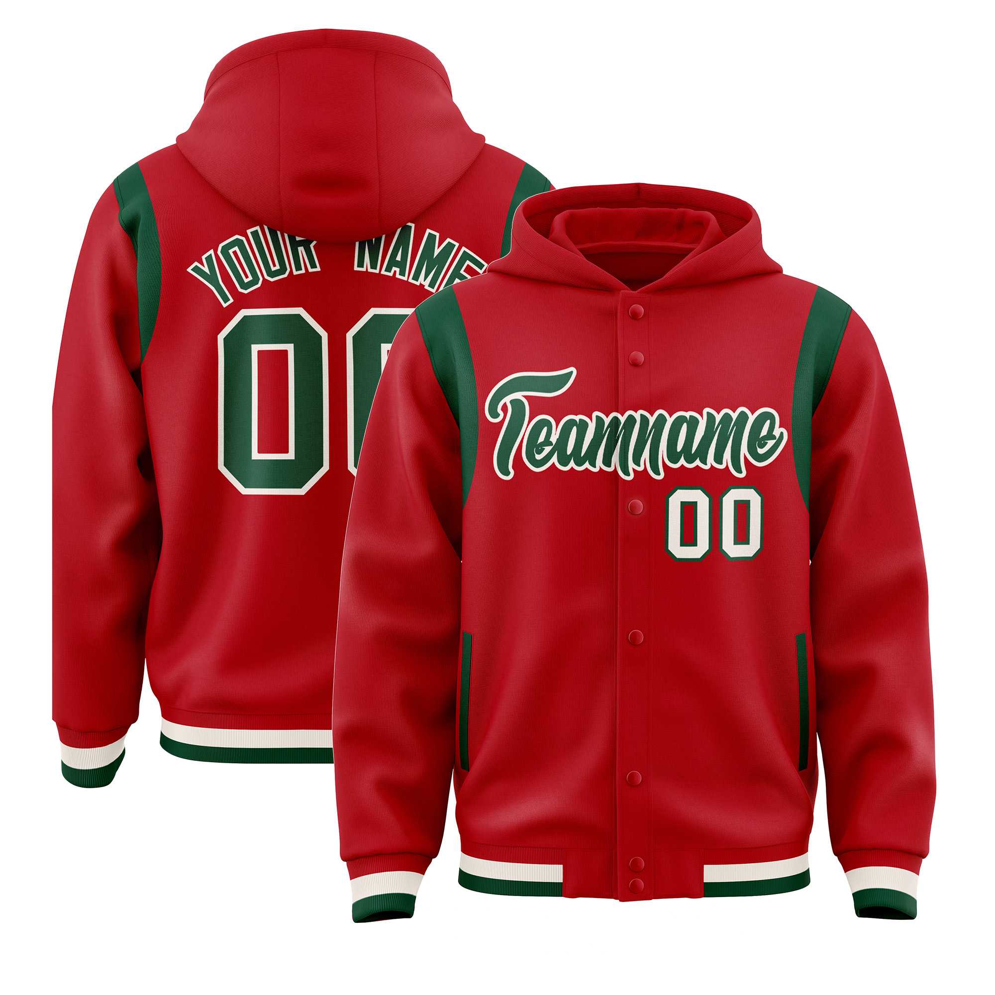 Custom Red Green Varsity Full-Snap Letterman Shoulder Color Block Jacket Hoodie| KXKSHOP