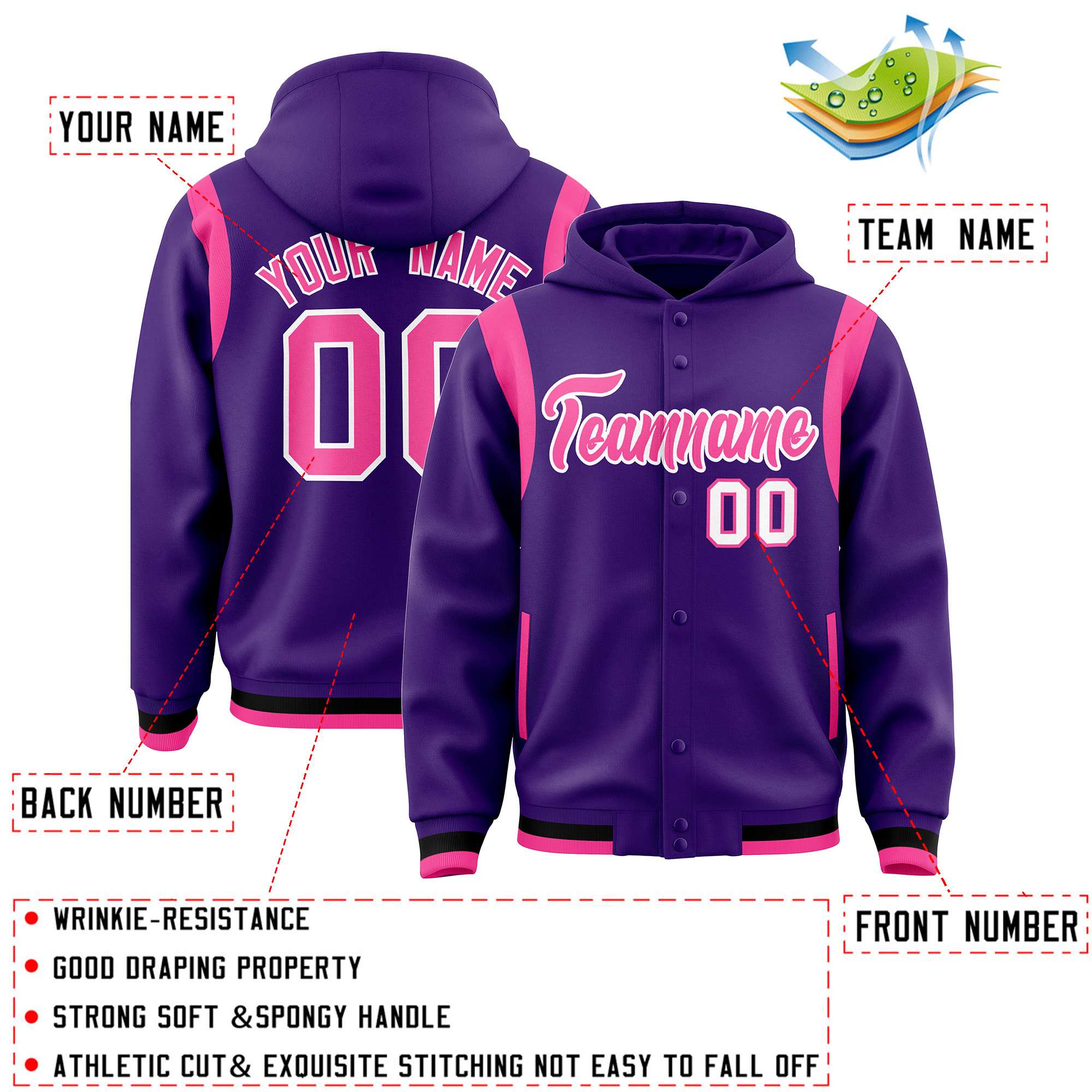 Custom Purple Pink Varsity Full-Snap Letterman Shoulder Color Block Jacket Hoodie| KXKSHOP
