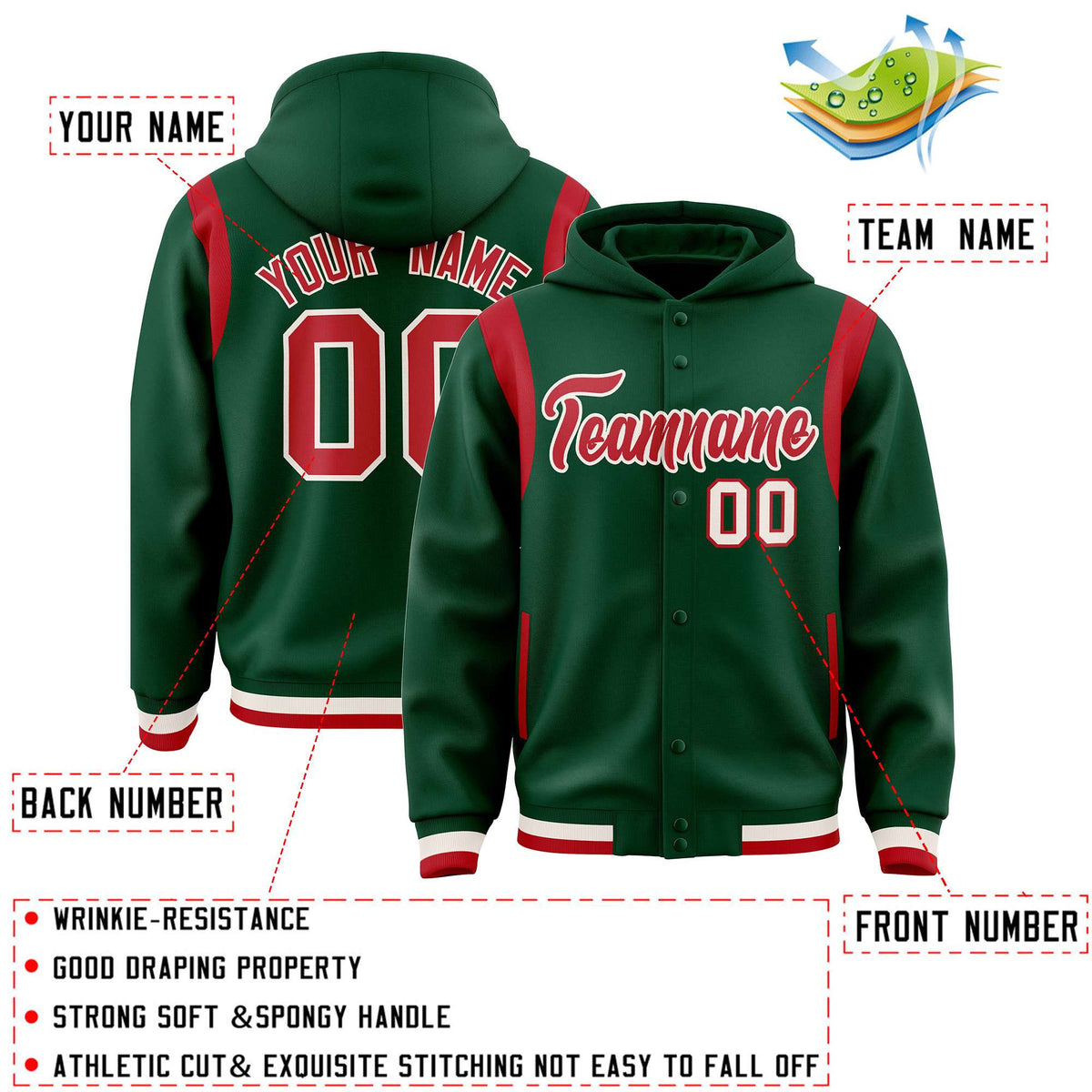 Custom Green Red Varsity Full-Snap Letterman Shoulder Color Block Jacket Hoodie| KXKSHOP
