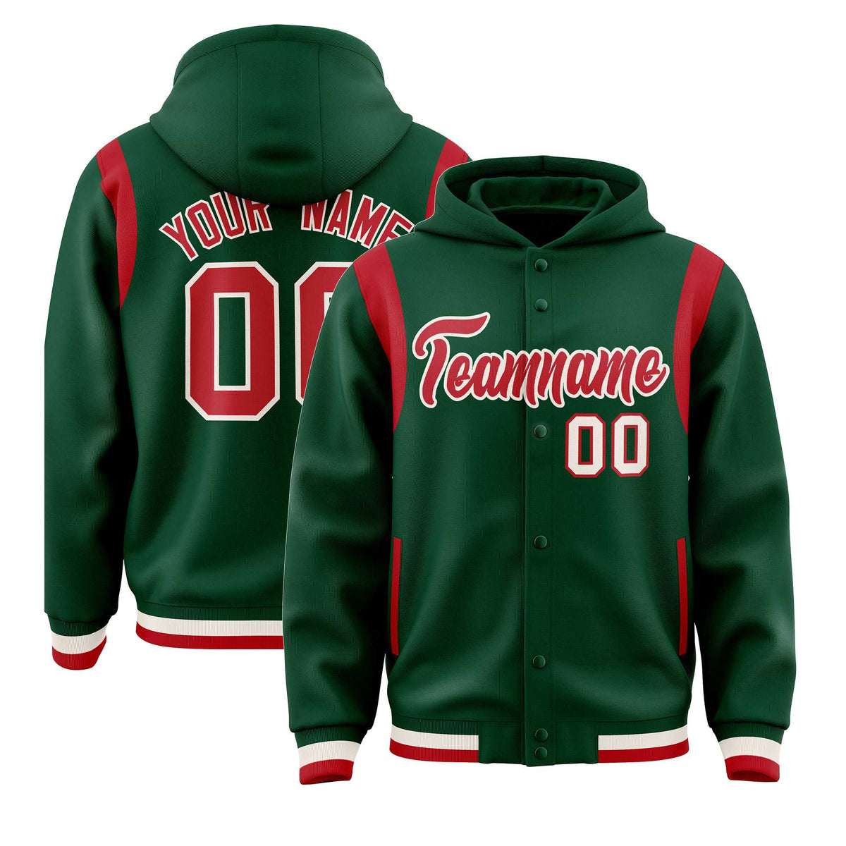 Custom Green Red Varsity Full-Snap Letterman Shoulder Color Block Jacket Hoodie| KXKSHOP