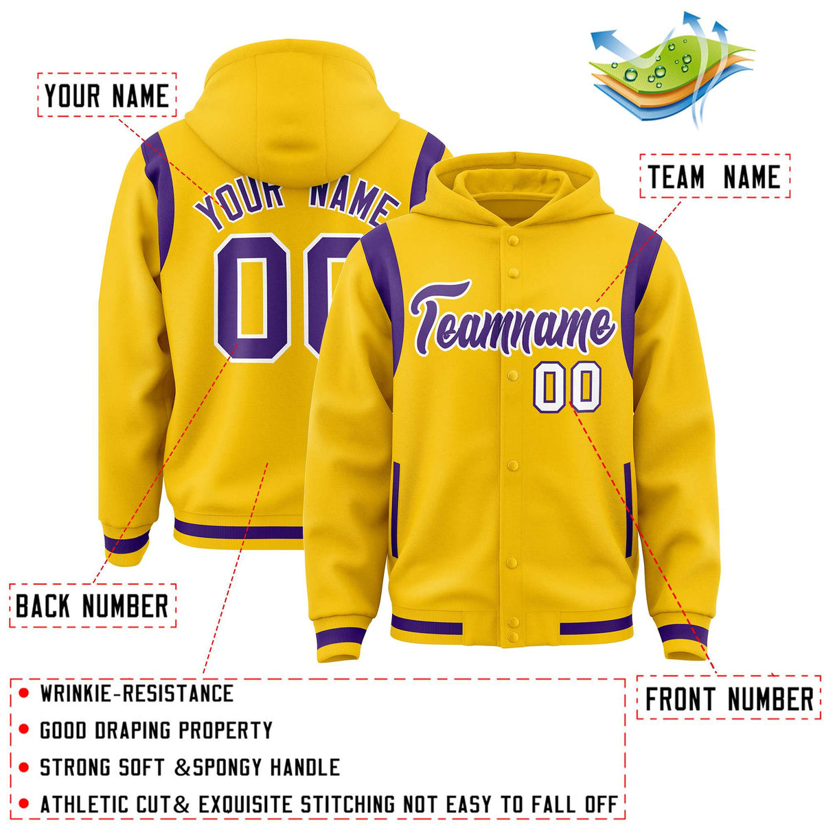 Custom Gold Purple Varsity Full-Snap Letterman Shoulder Color Block Jacket Hoodie| KXKSHOP