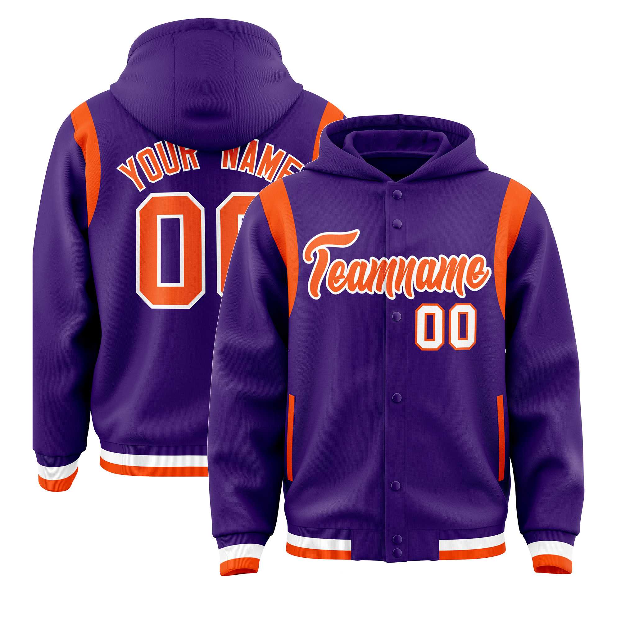 Custom Purple Orange Varsity Full-Snap Letterman Shoulder Color Block Jacket Hoodie| KXKSHOP