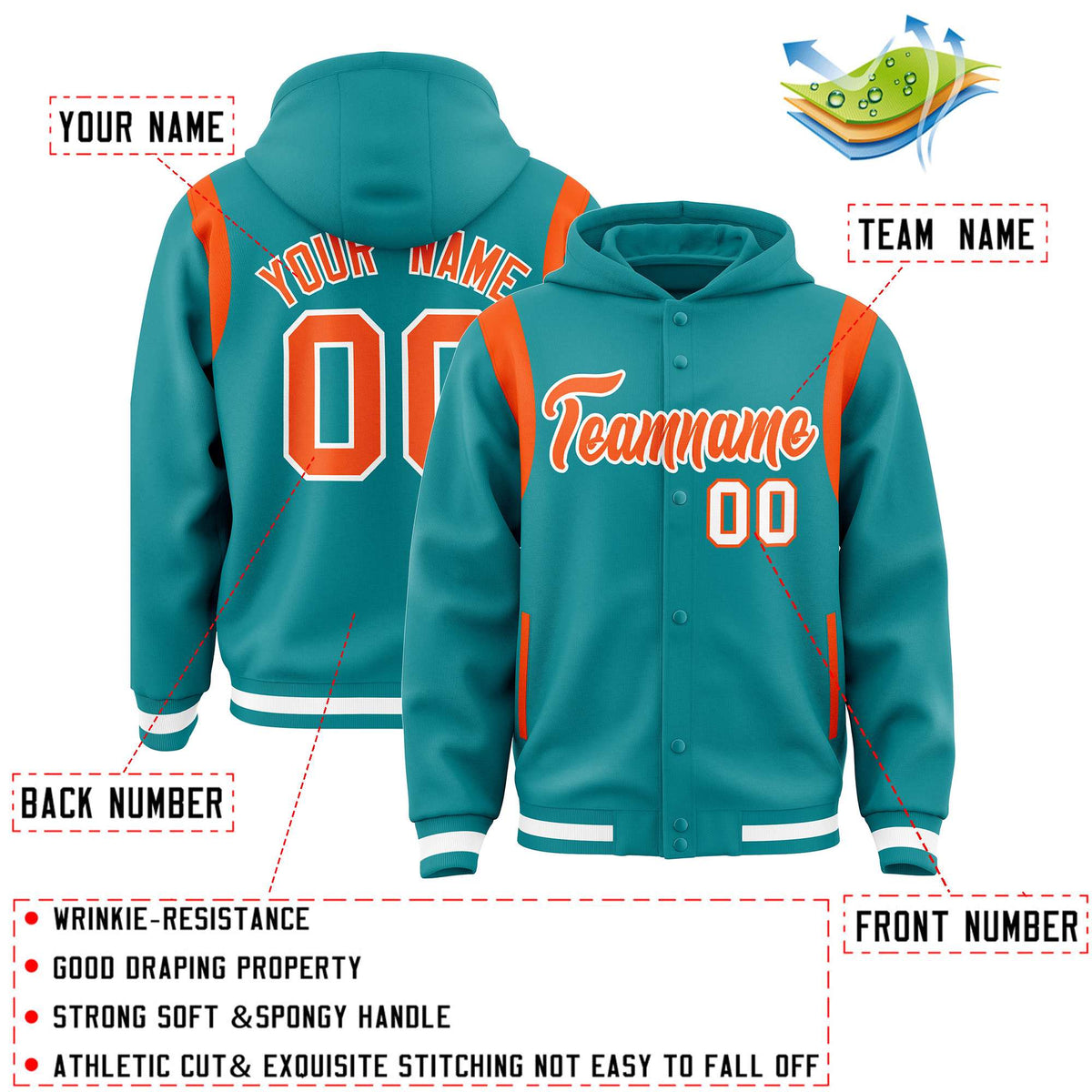 Custom Aqua Orange Varsity Full-Snap Letterman Shoulder Color Block Jacket Hoodie| KXKSHOP