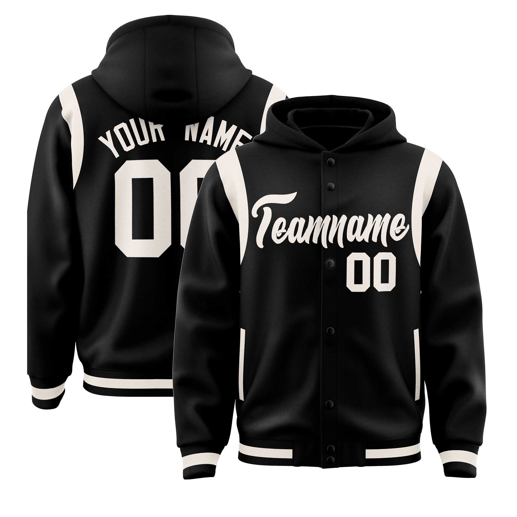 Custom Black Cream Varsity Full-Snap Letterman Shoulder Color Block Jacket Hoodie| KXKSHOP