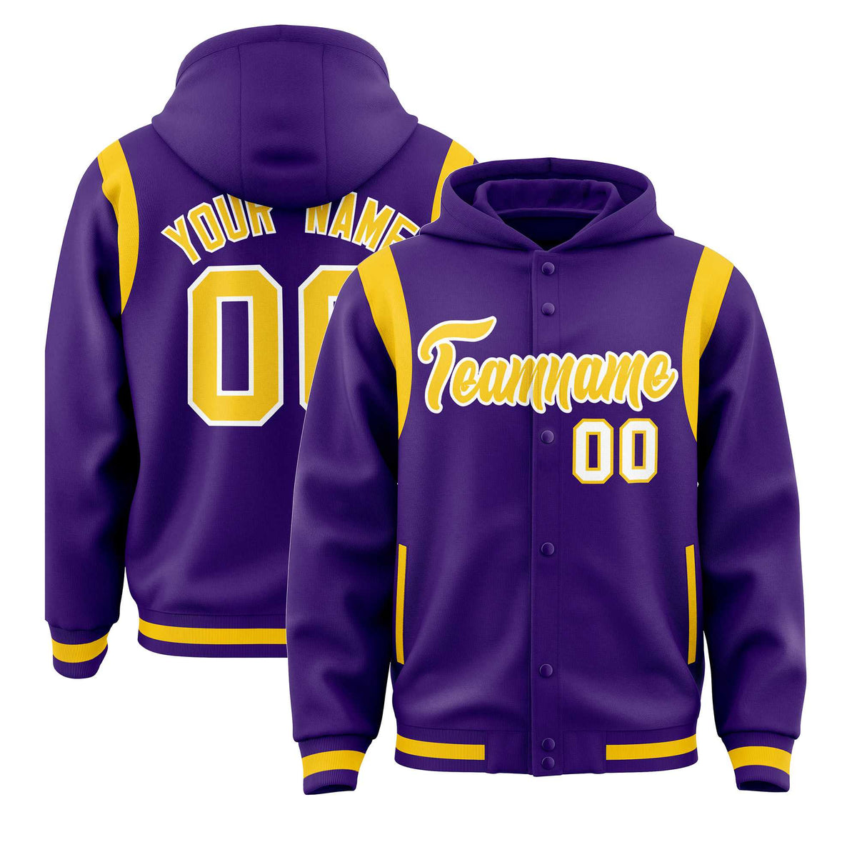 Custom Purple Gold Varsity Full-Snap Letterman Shoulder Color Block Jacket Hoodie| KXKSHOP
