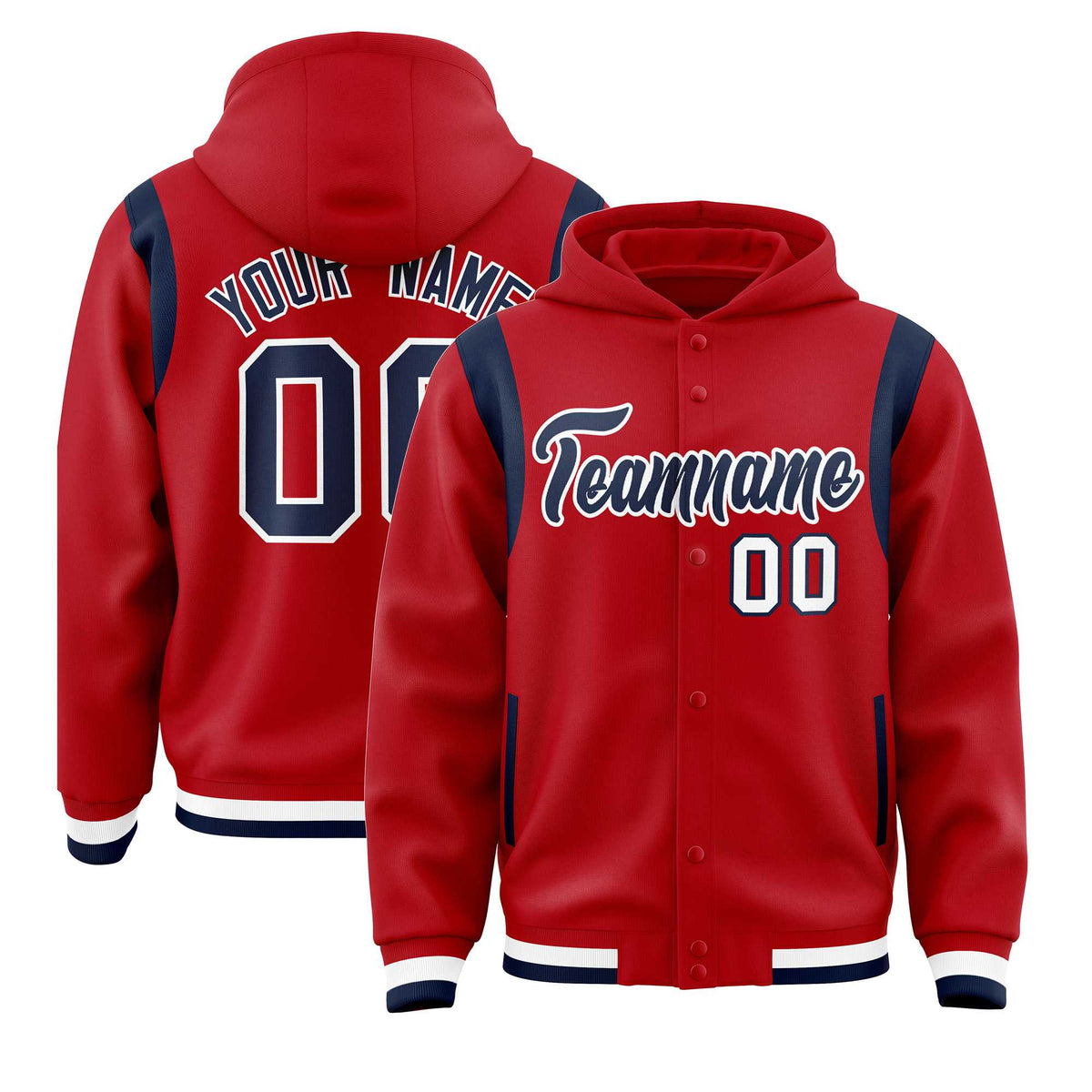 Custom Red Navy Varsity Full-Snap Letterman Shoulder Color Block Jacket Hoodie| KXKSHOP
