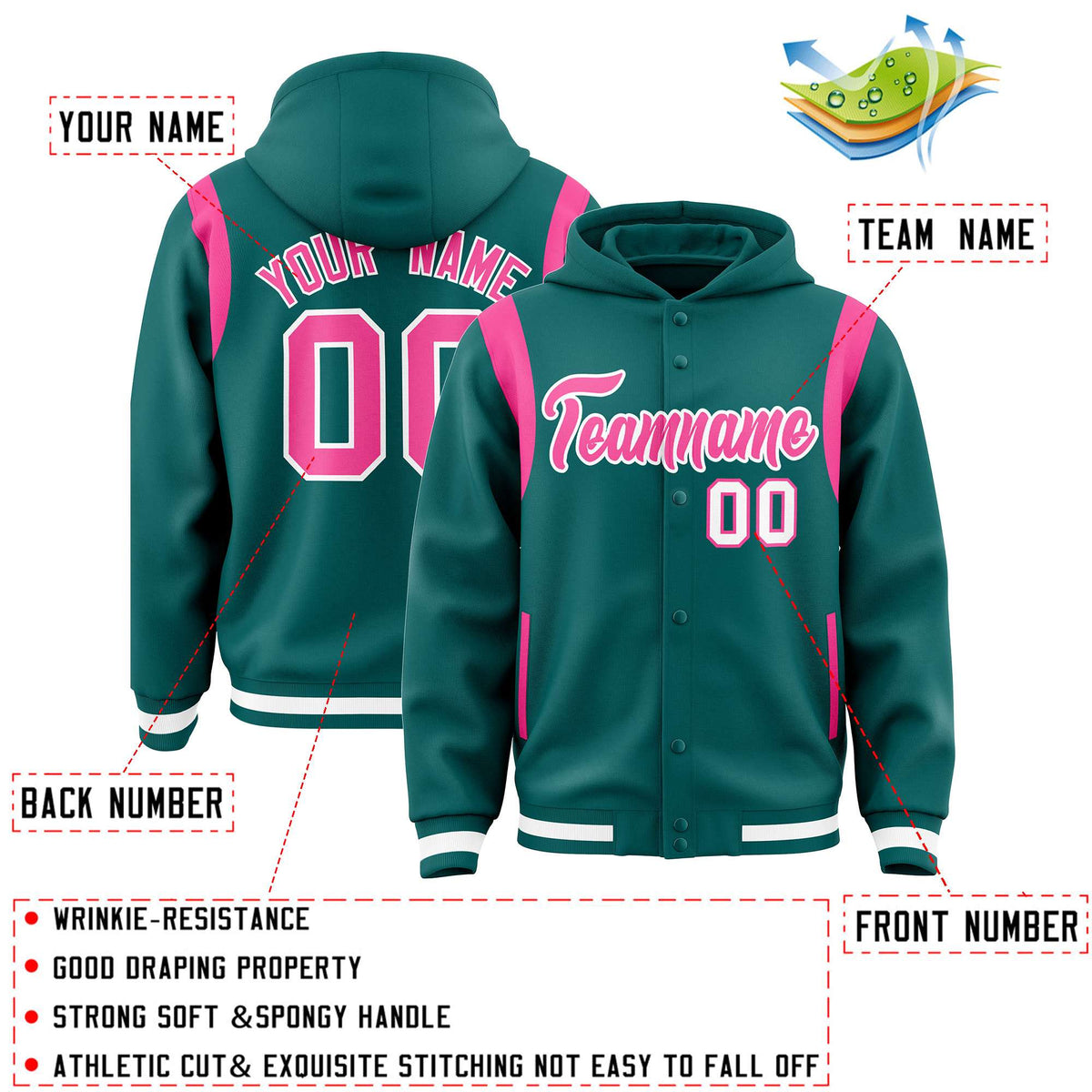 Custom Aqua Pink Varsity Full-Snap Letterman Shoulder Color Block Jacket Hoodie| KXKSHOP