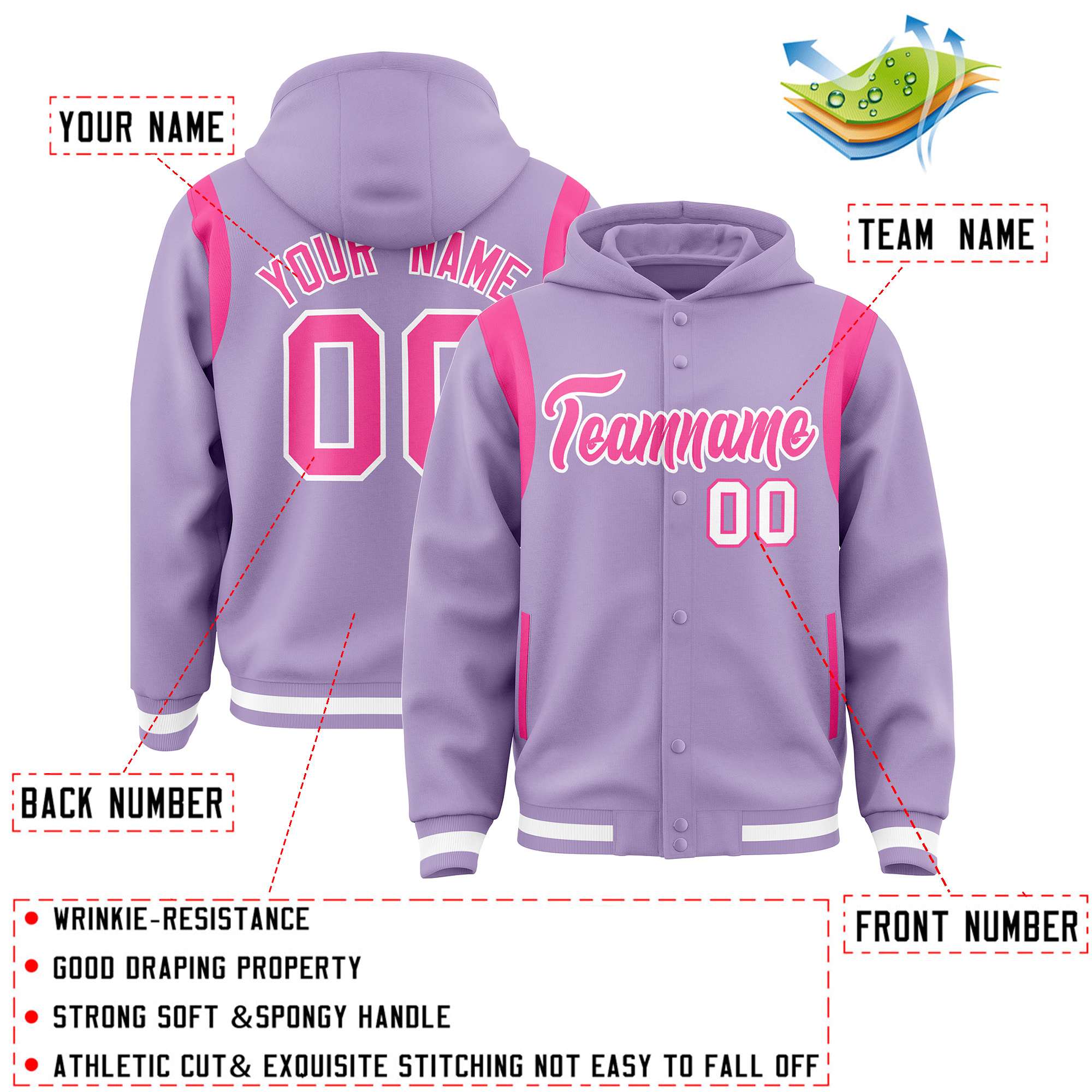 Custom Light Purple Pink Varsity Full-Snap Letterman Shoulder Color Block Jacket Hoodie| KXKSHOP