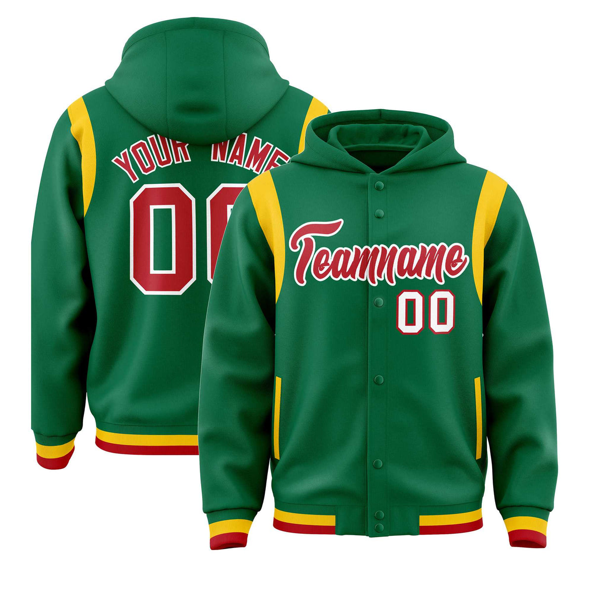 Custom Kelly Green Red Varsity Full-Snap Letterman Shoulder Color Block Jacket Hoodie| KXKSHOP