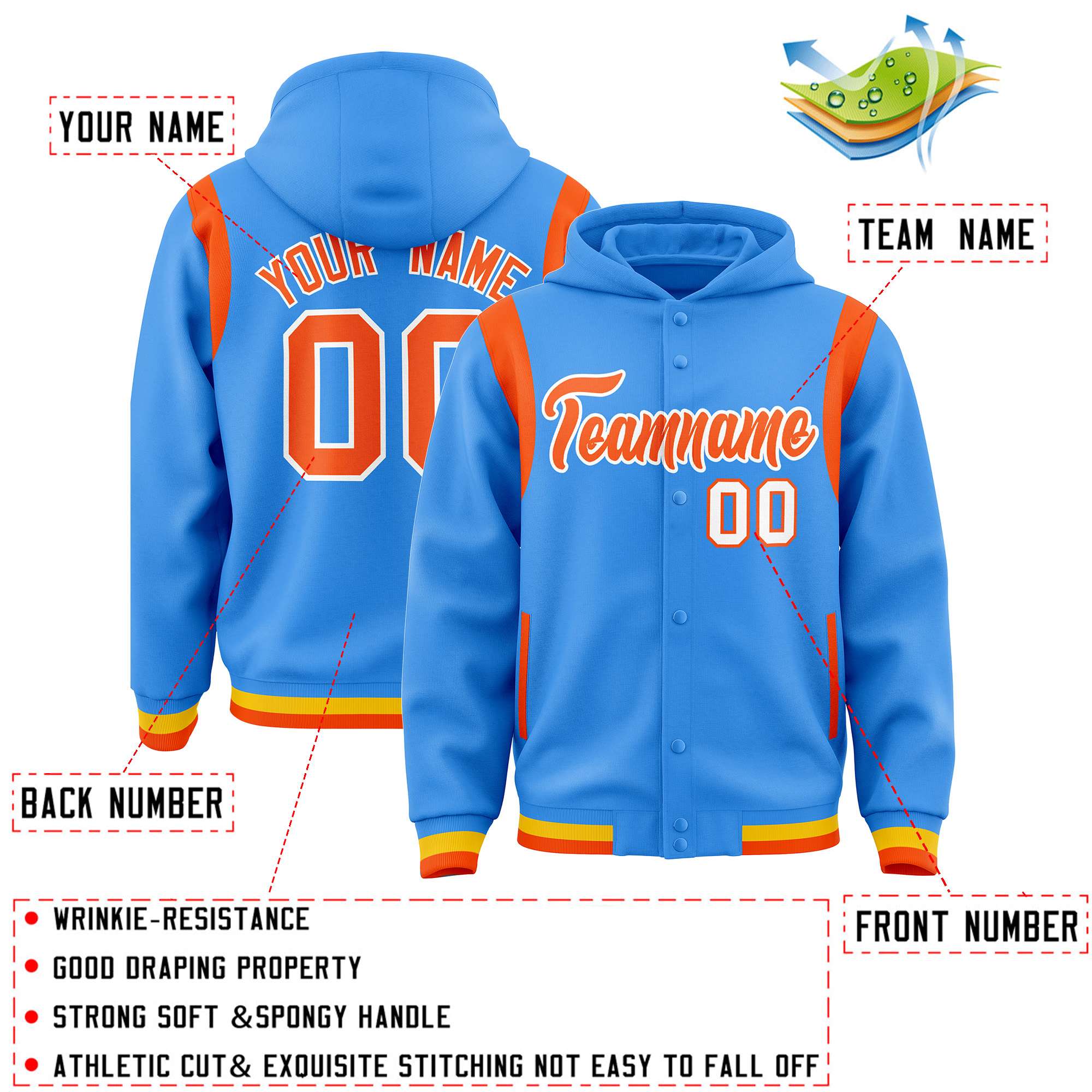 Custom Powder Blue Orange Varsity Full-Snap Letterman Shoulder Color Block Jacket Hoodie| KXKSHOP