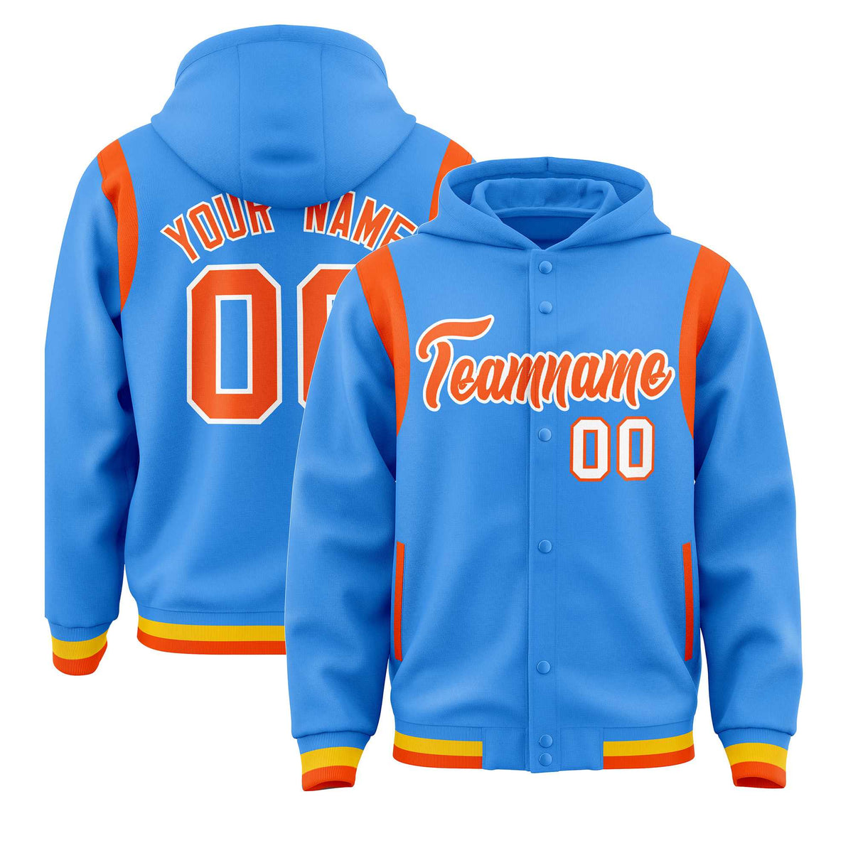 Custom Powder Blue Orange Varsity Full-Snap Letterman Shoulder Color Block Jacket Hoodie| KXKSHOP