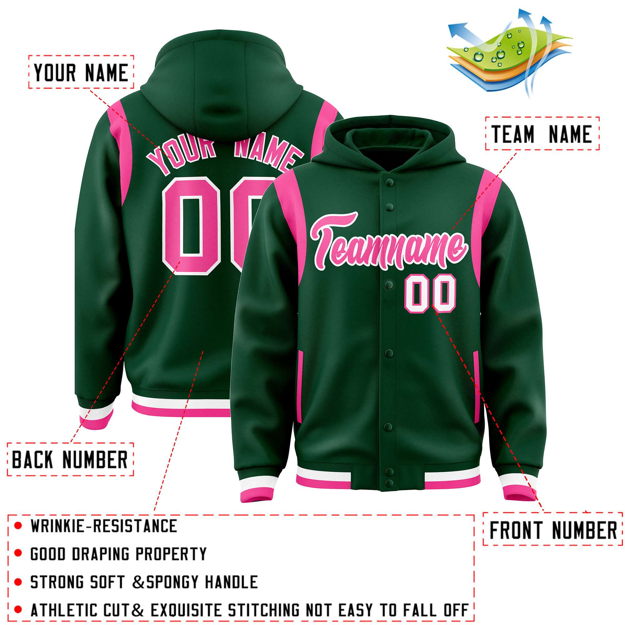 Custom Green Pink Varsity Full-Snap Letterman Shoulder Color Block Jacket Hoodie| KXKSHOP
