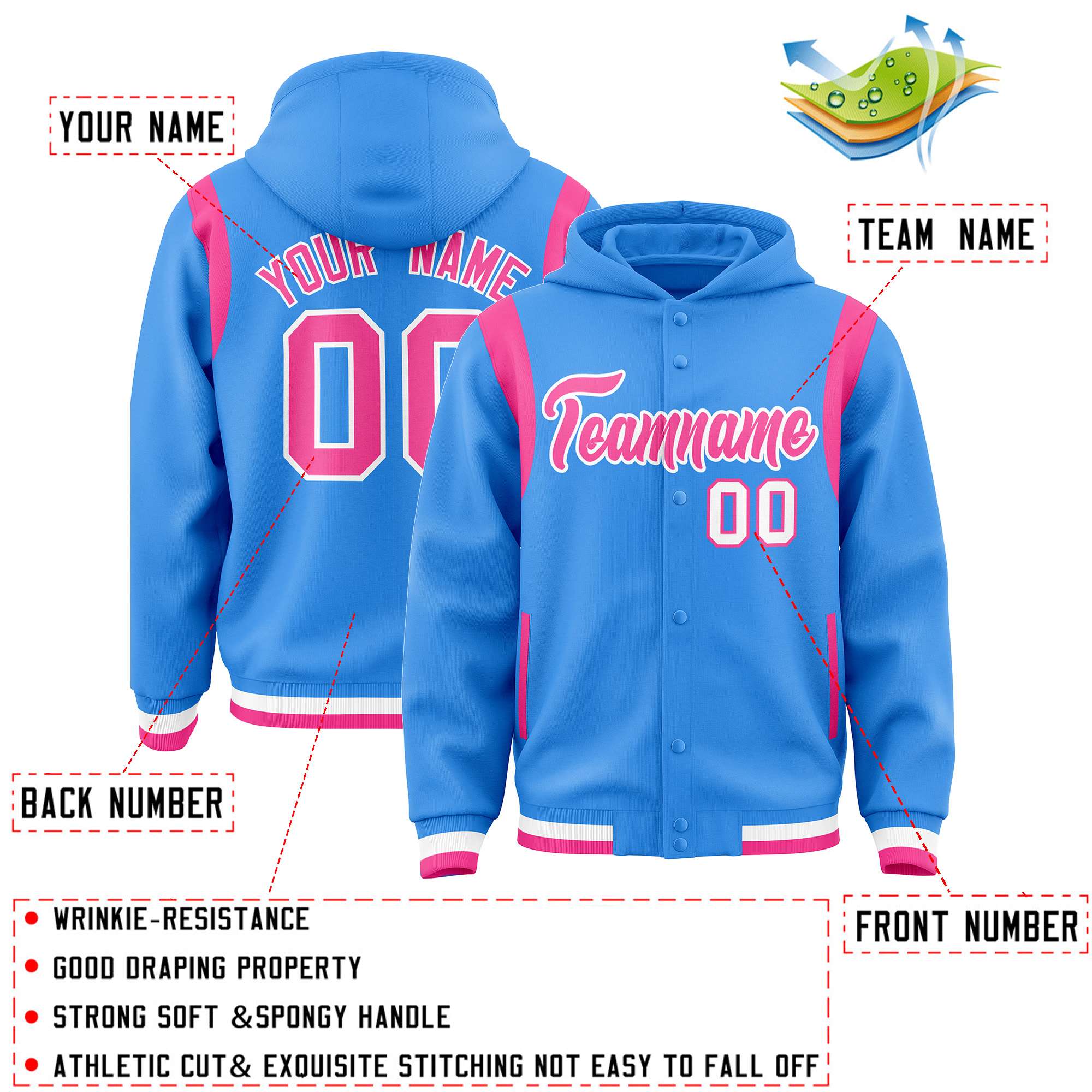 Custom Powder Blue Pink Varsity Full-Snap Letterman Shoulder Color Block Jacket Hoodie| KXKSHOP