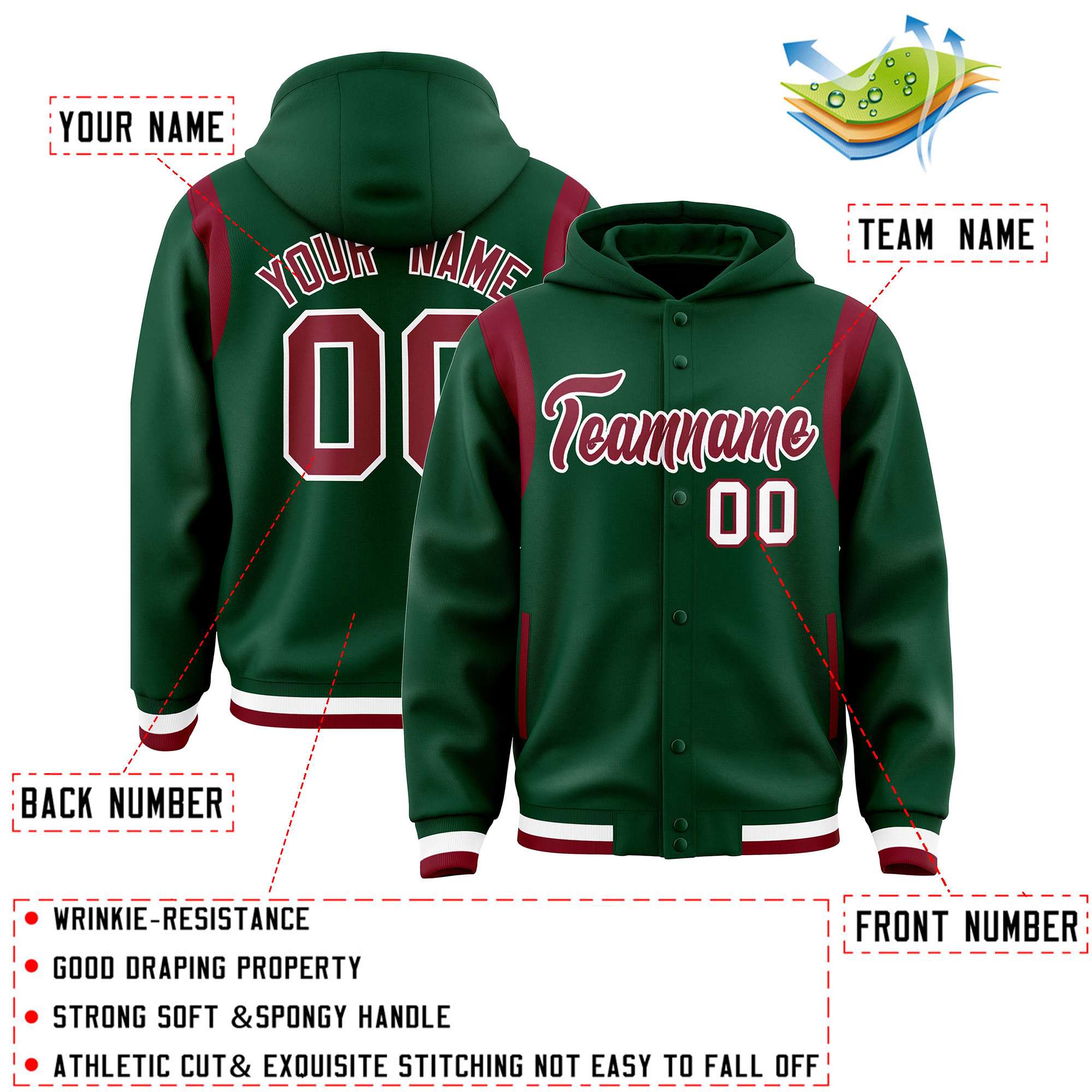 Custom Green Crimson Varsity Full-Snap Letterman Shoulder Color Block Jacket Hoodie| KXKSHOP