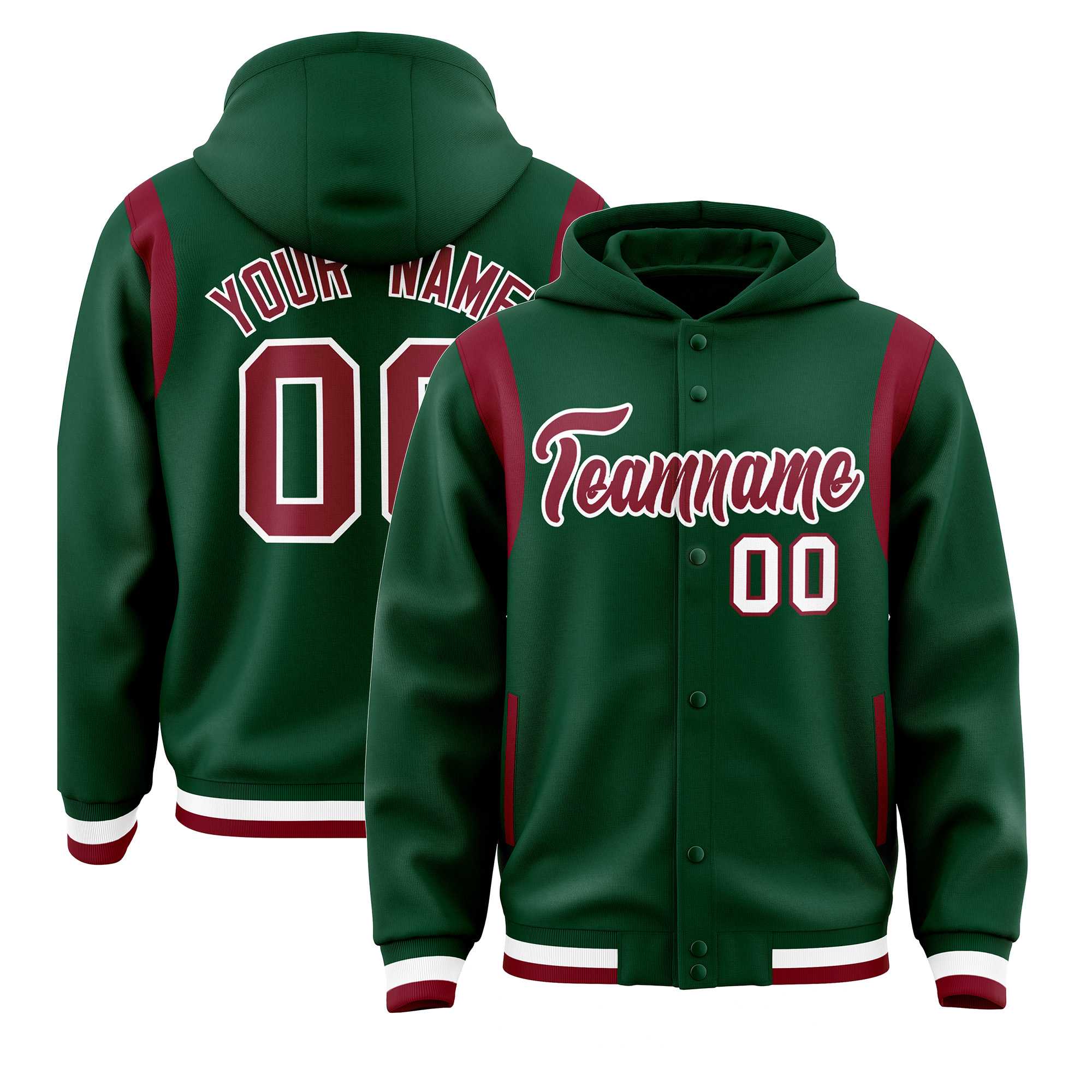 Custom Green Crimson Varsity Full-Snap Letterman Shoulder Color Block Jacket Hoodie| KXKSHOP