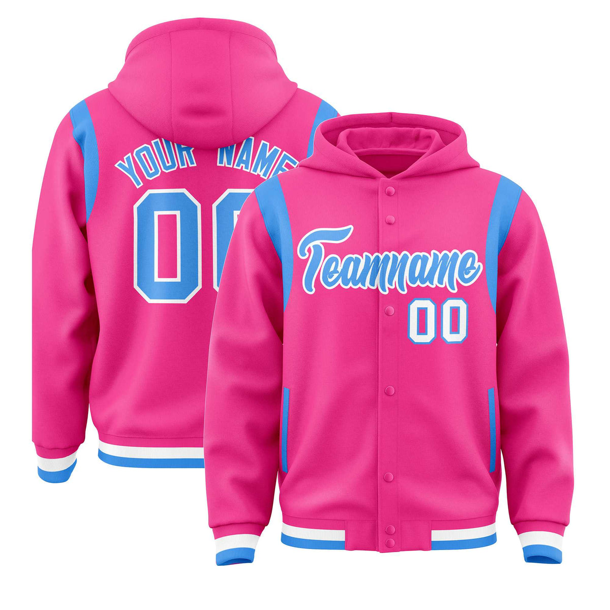 Custom Pink Powder Blue Varsity Full-Snap Letterman Shoulder Color Block Jacket Hoodie| KXKSHOP