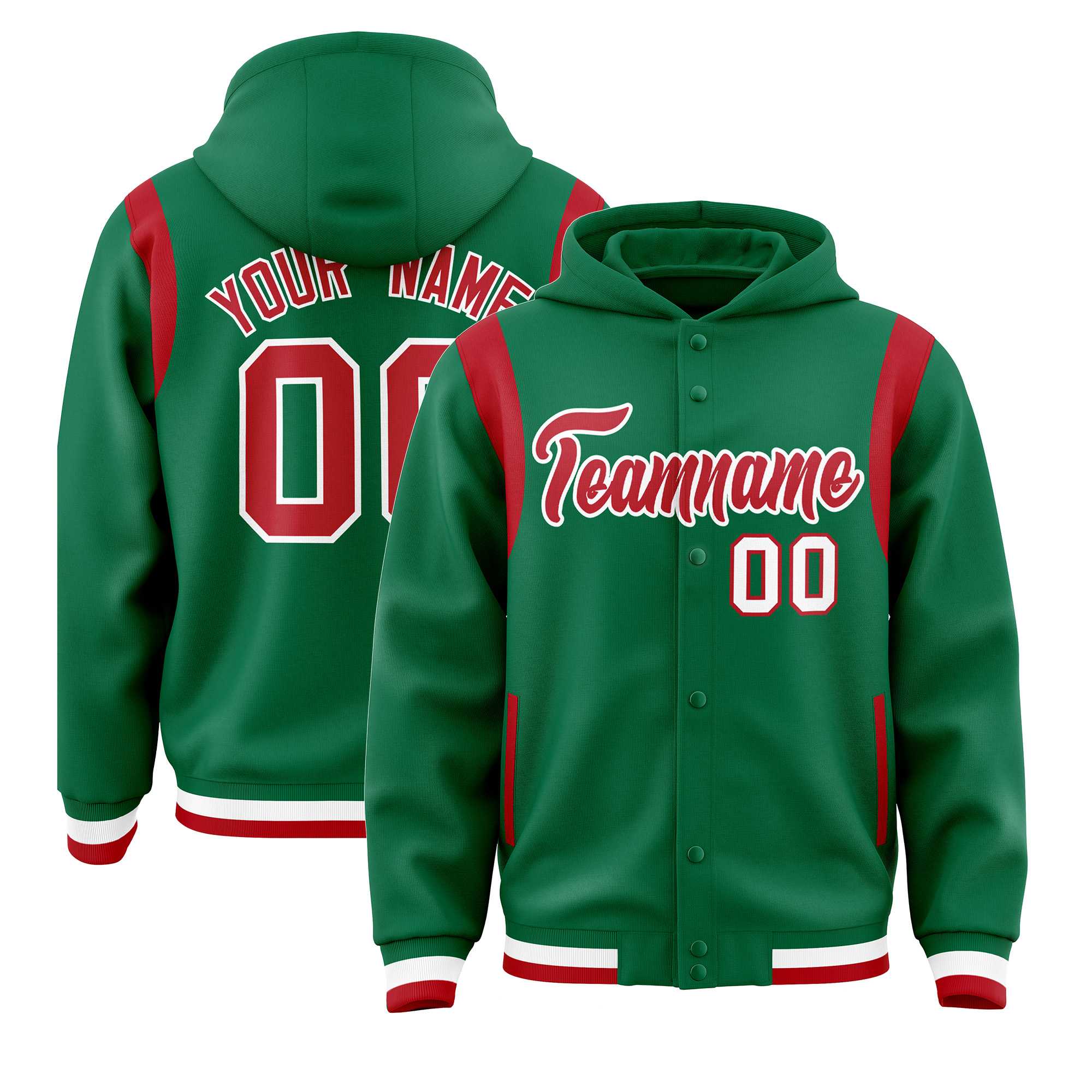 Custom Kelly Green Red Varsity Full-Snap Letterman Shoulder Color Block Jacket Hoodie| KXKSHOP