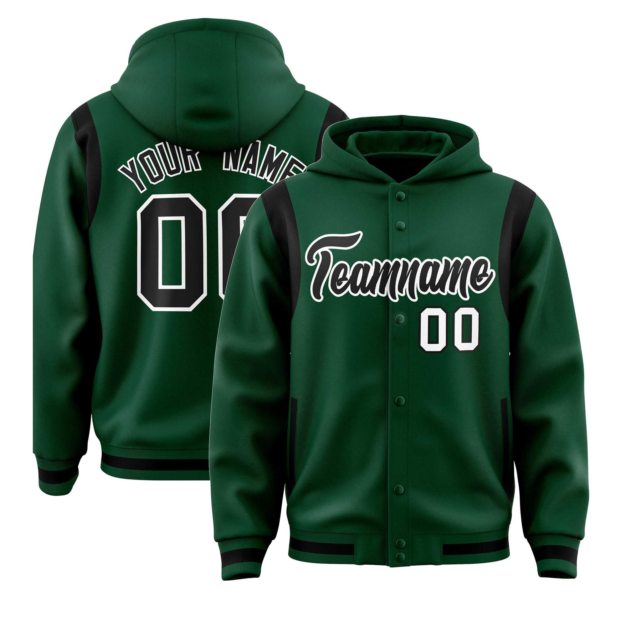 Custom Green Black Varsity Full-Snap Letterman Shoulder Color Block Jacket Hoodie| KXKSHOP