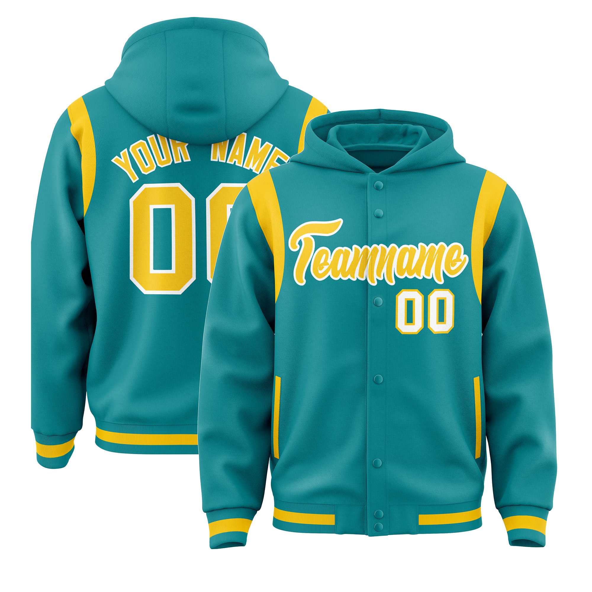 Custom Aqua Gold Varsity Full-Snap Letterman Shoulder Color Block Jacket Hoodie| KXKSHOP