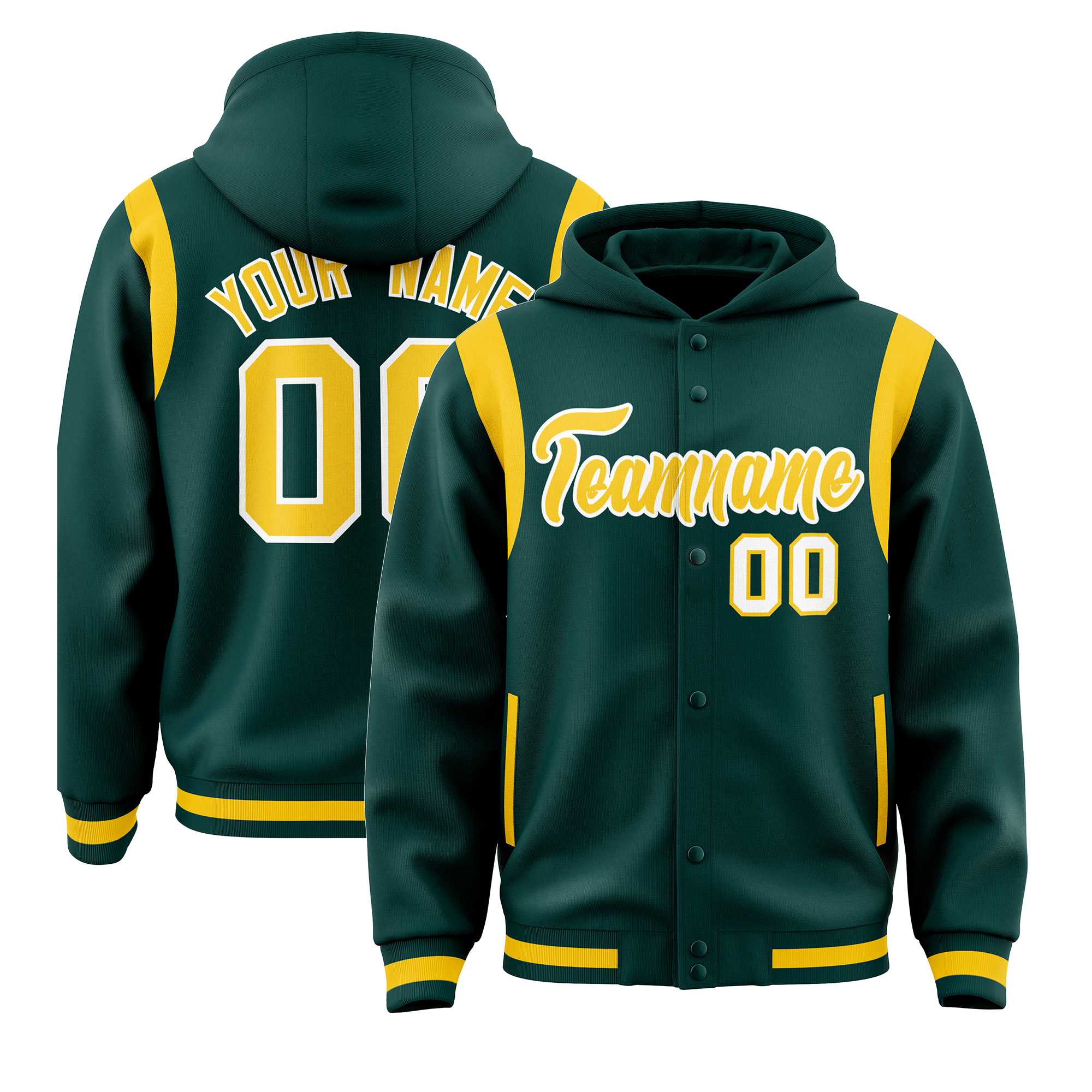 Custom Midnight Green Gold Varsity Full-Snap Letterman Shoulder Color Block Jacket Hoodie| KXKSHOP