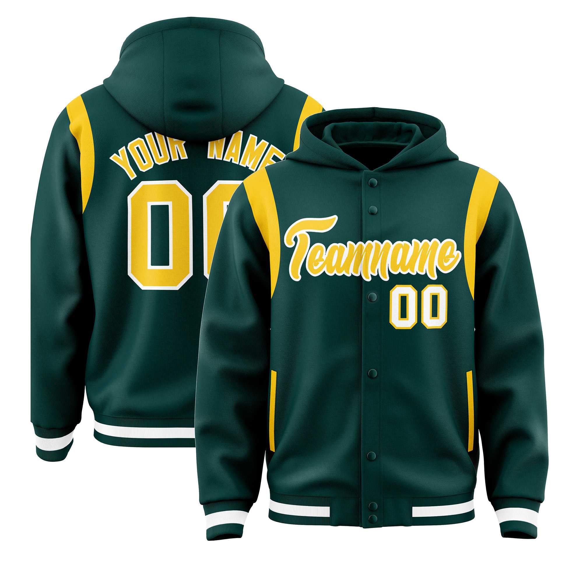 Custom Midnight Green Gold Varsity Full-Snap Letterman Shoulder Color Block Jacket Hoodie| KXKSHOP